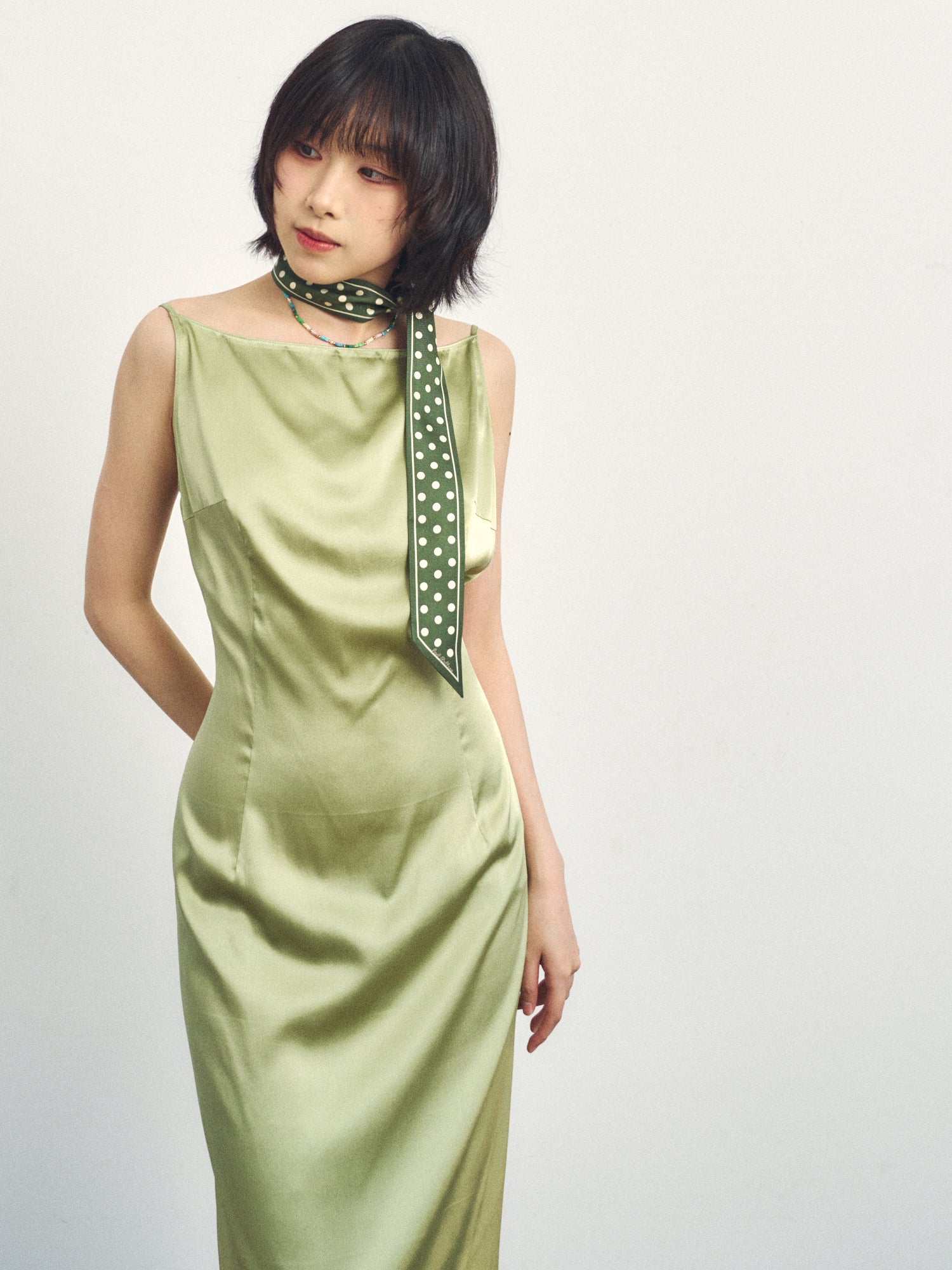 "Retro Polka" Silk Skinny Scarf - Dark Green