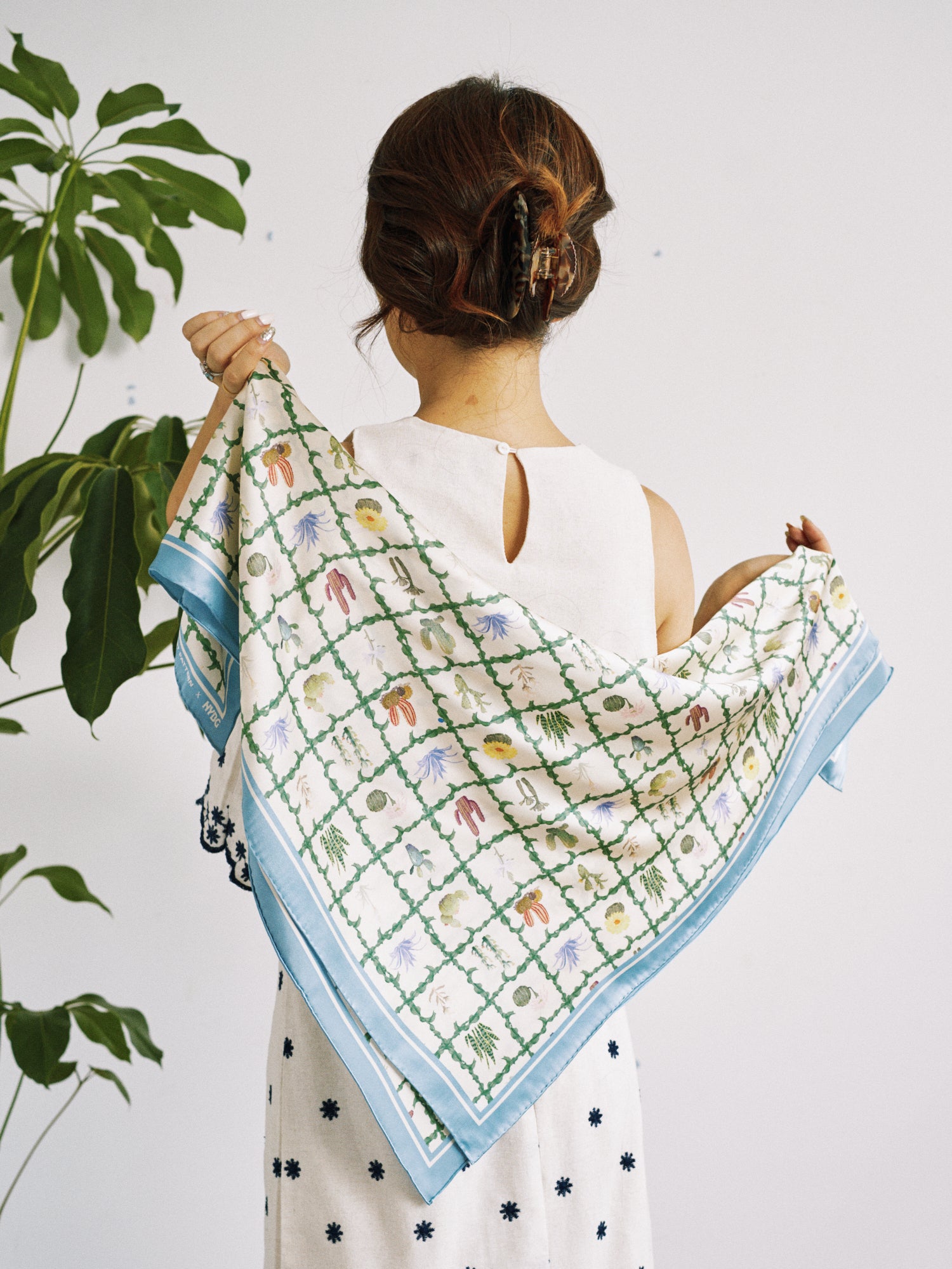 Lost Pattern x NYBG "Oasis Charms" Large Silk Scarf  - Blue