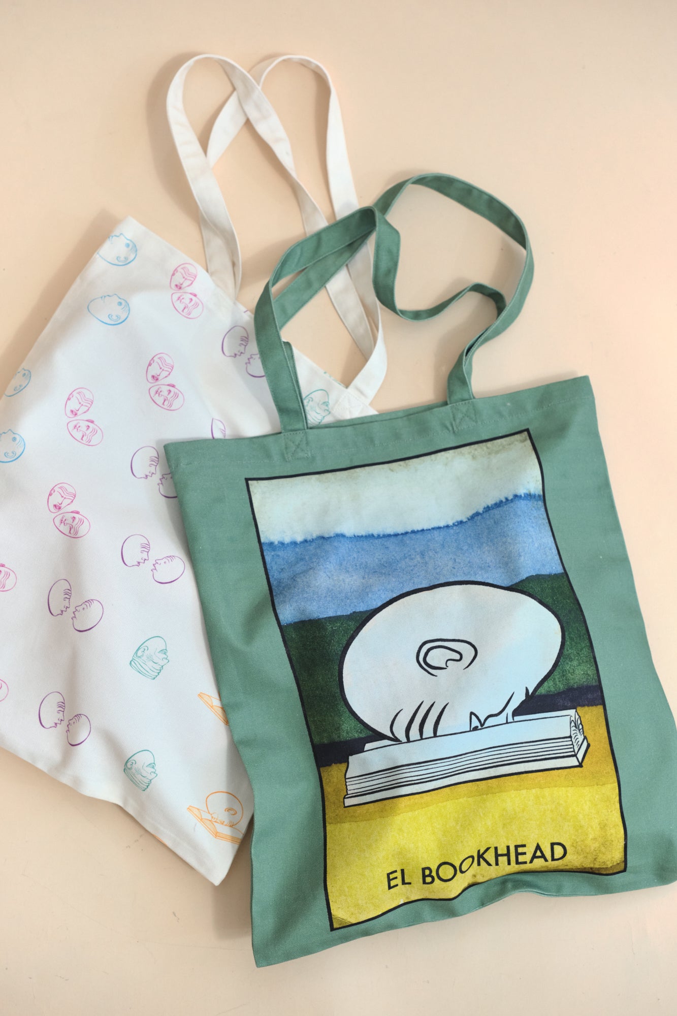 "El Bookhead" Cotton Tote Bag - Green - LOST PATTERN Tote Bag