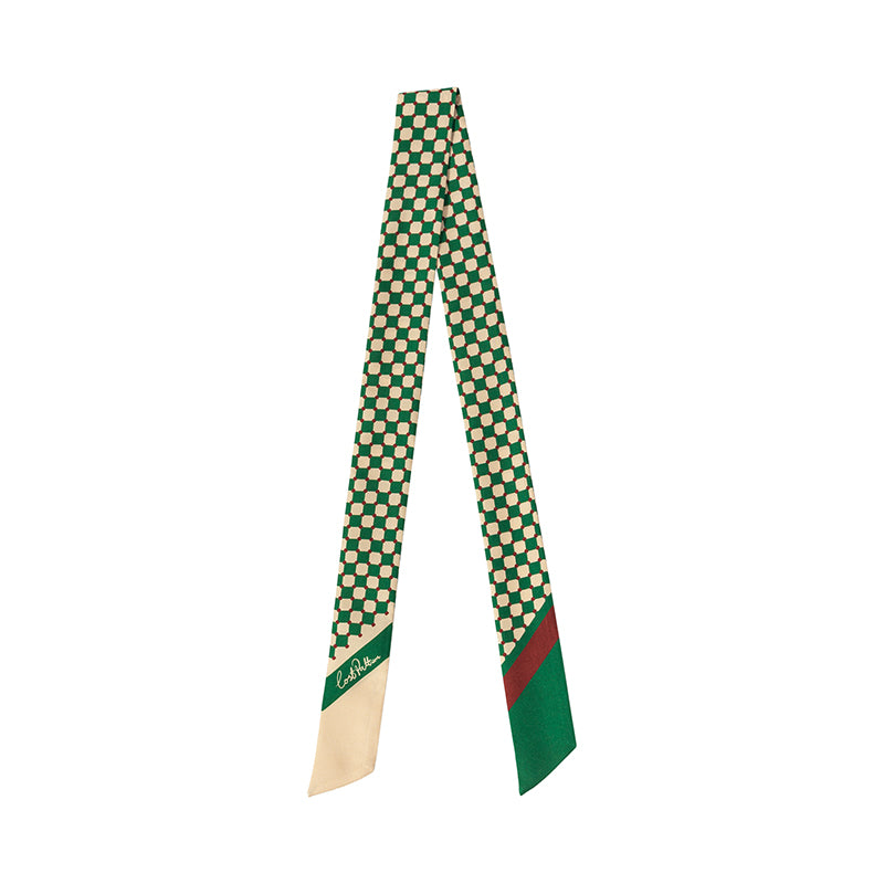 "Checkerboard" Twilly Scarf - Green - LOST PATTERN Silk Skinny Scarf