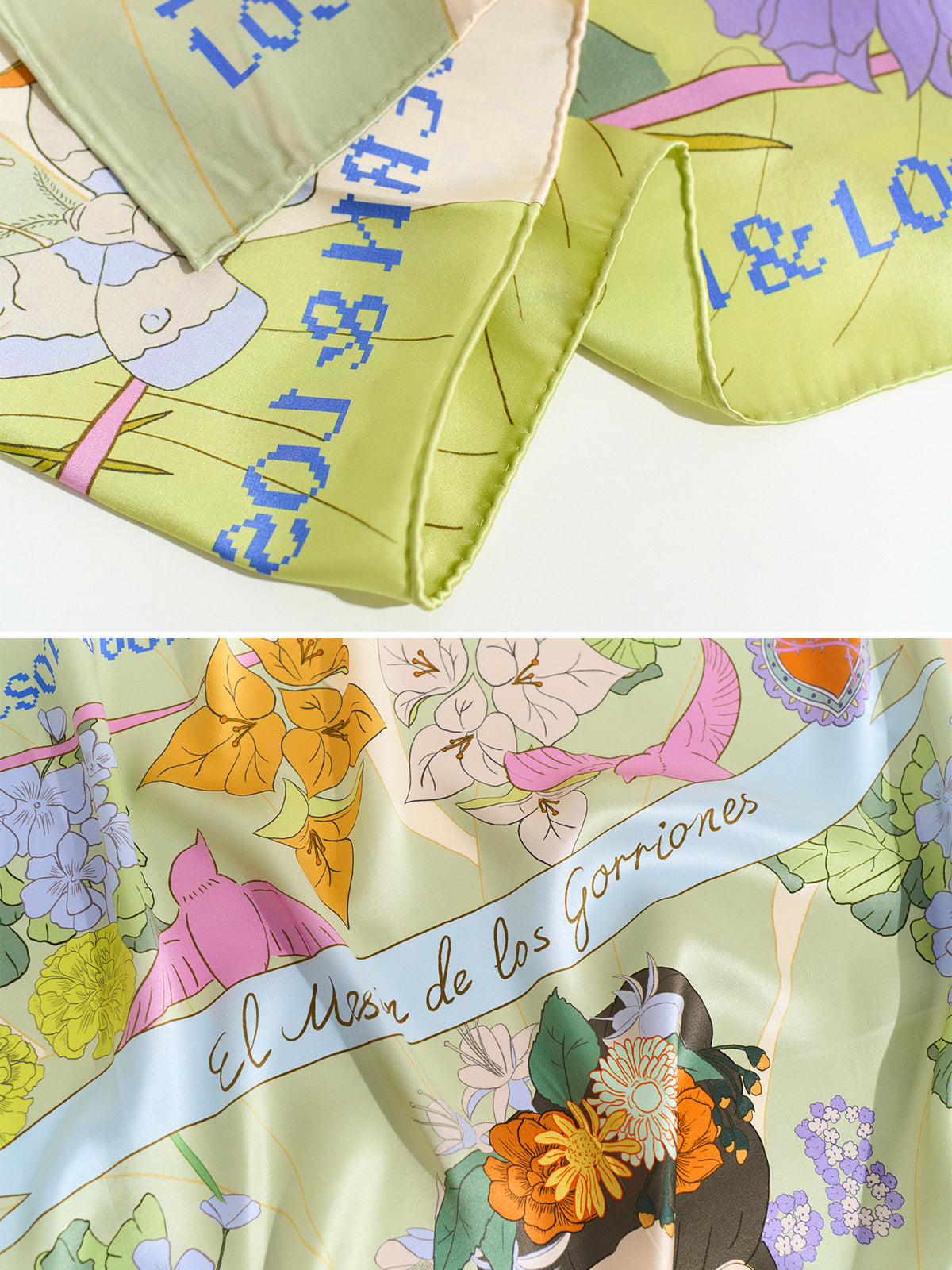 FRIDA x LOST PATTERN "Los Amores de Frida" Large Silk Scarf - Pastel - LOST PATTERN Silk Square Scarf