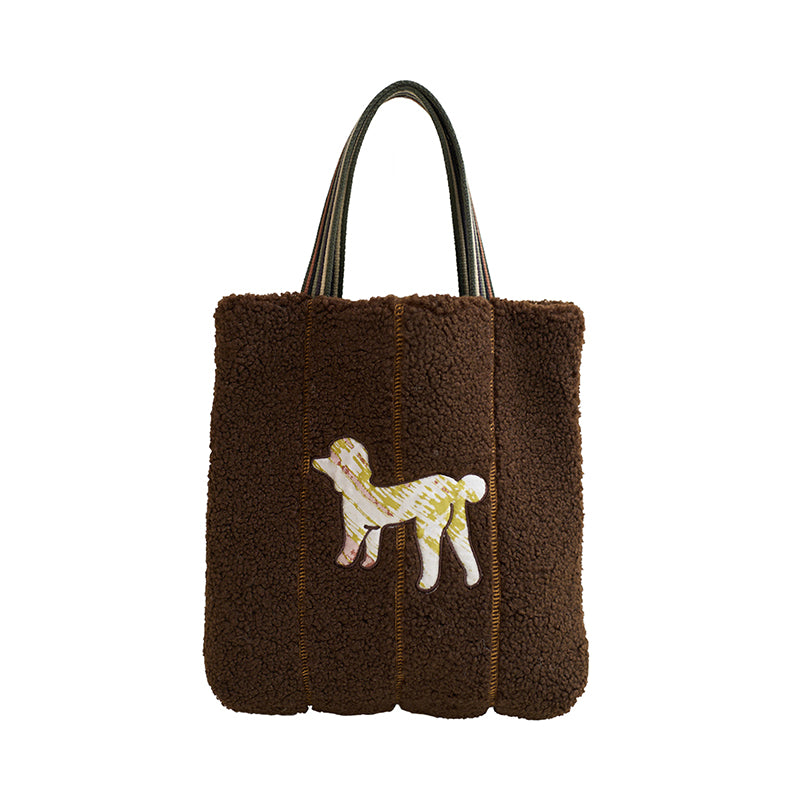 Sherpa Tote Bag with Dog Motif Embroidery in Silk - Chocolate - Chocolate - LOST PATTERN Tote Bag