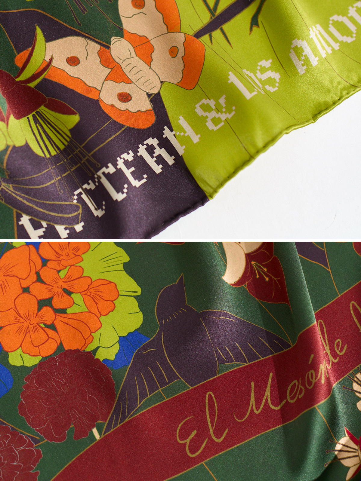 FRIDA x LOST PATTERN "Los Amores de Frida" Large Silk Scarf - Dark Green - LOST PATTERN Silk Square Scarf