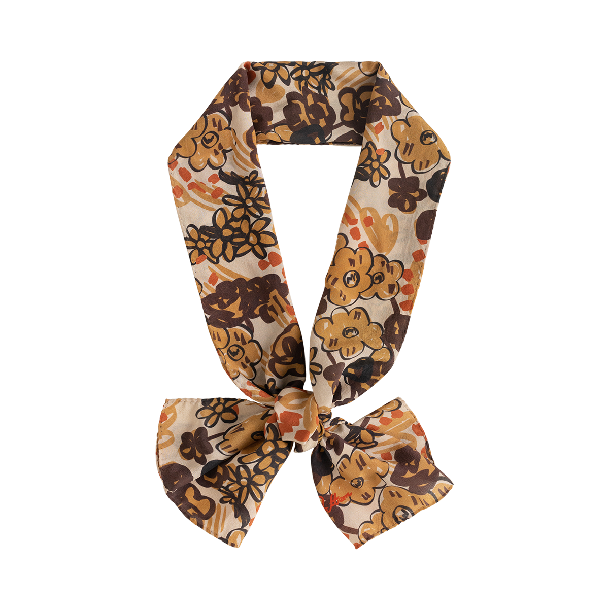 "Garden Chic" Silk Crepe Scarf - Brown - Brown - LOST PATTERN Silk Bandana