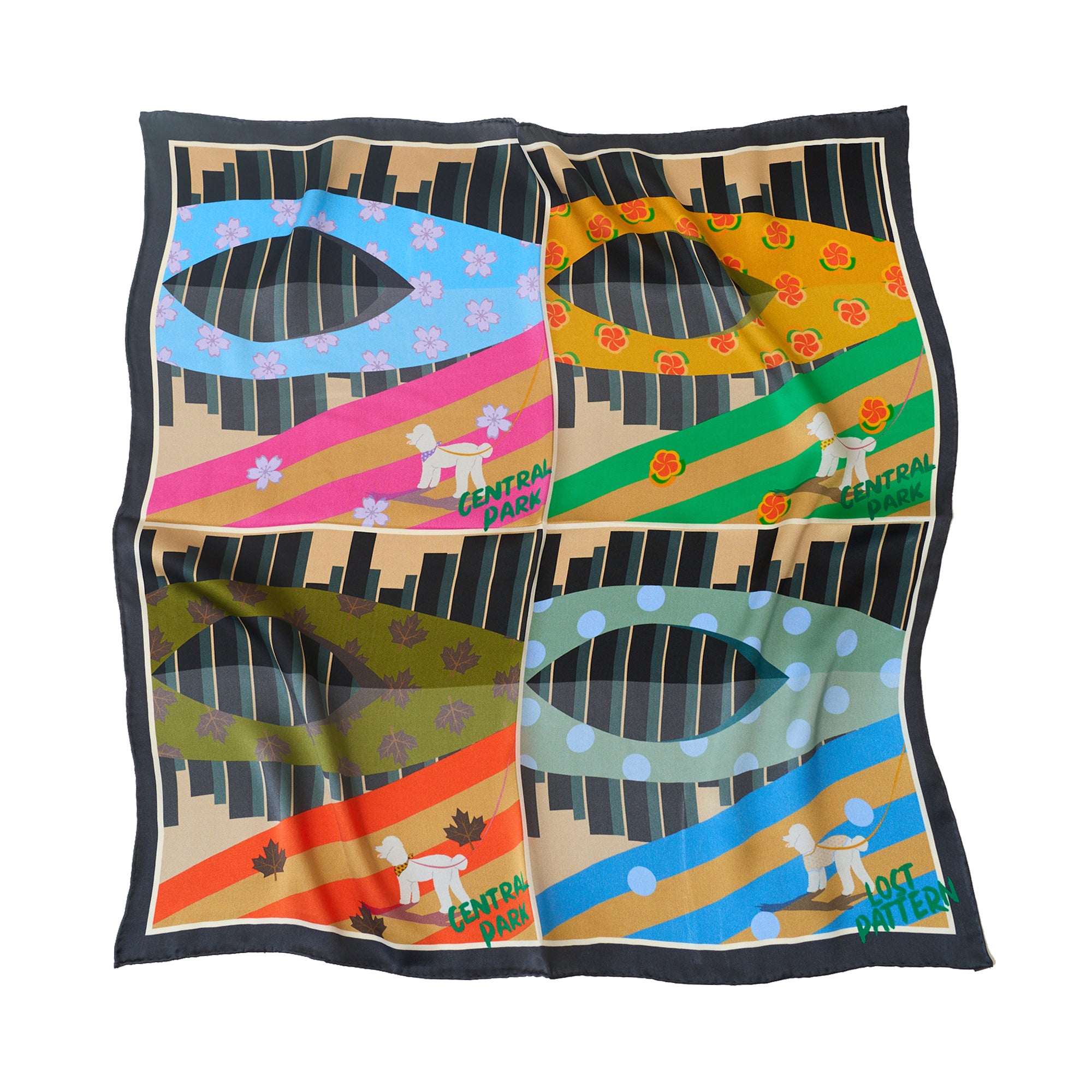 "Seasons in the Park" Silk Scarf - Black - Black - LOST PATTERN Silk Square Scarf