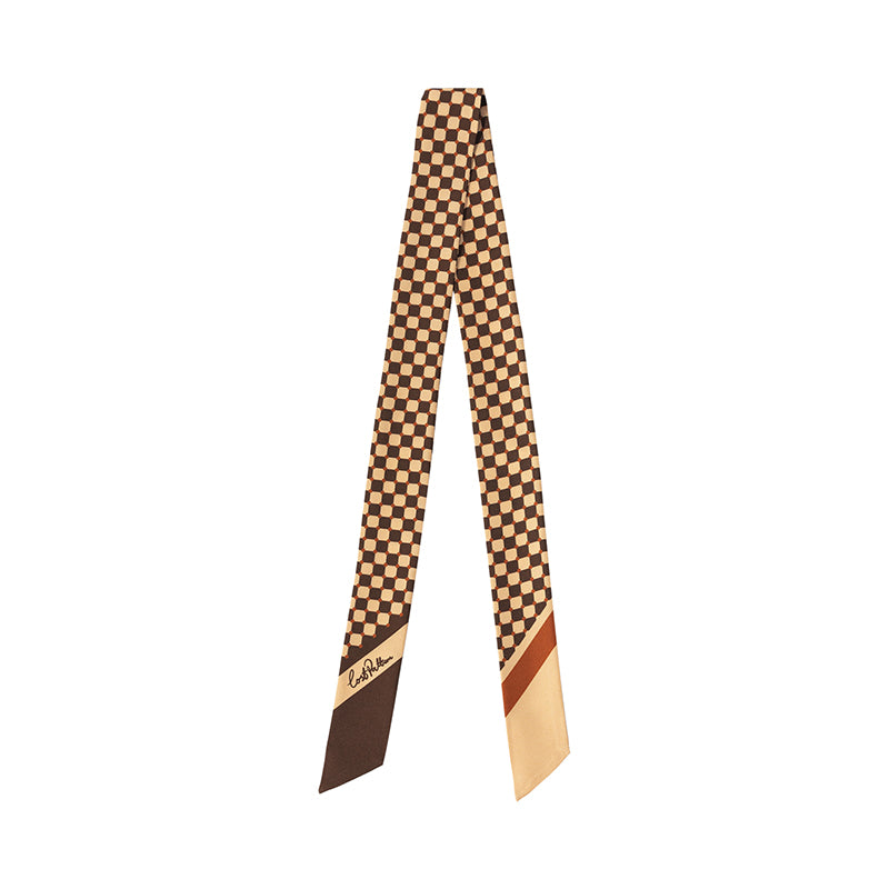 "Checkerboard" Twilly Scarf - Coffee - LOST PATTERN Silk Skinny Scarf