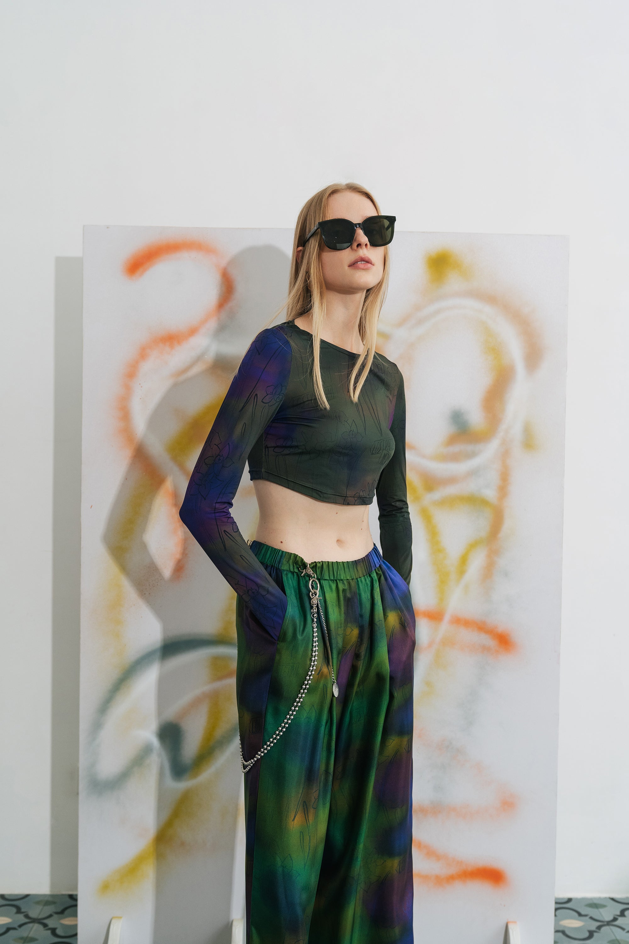 "Brooklyn" Silk Wide Leg Pants - Green - LOST PATTERN Pants