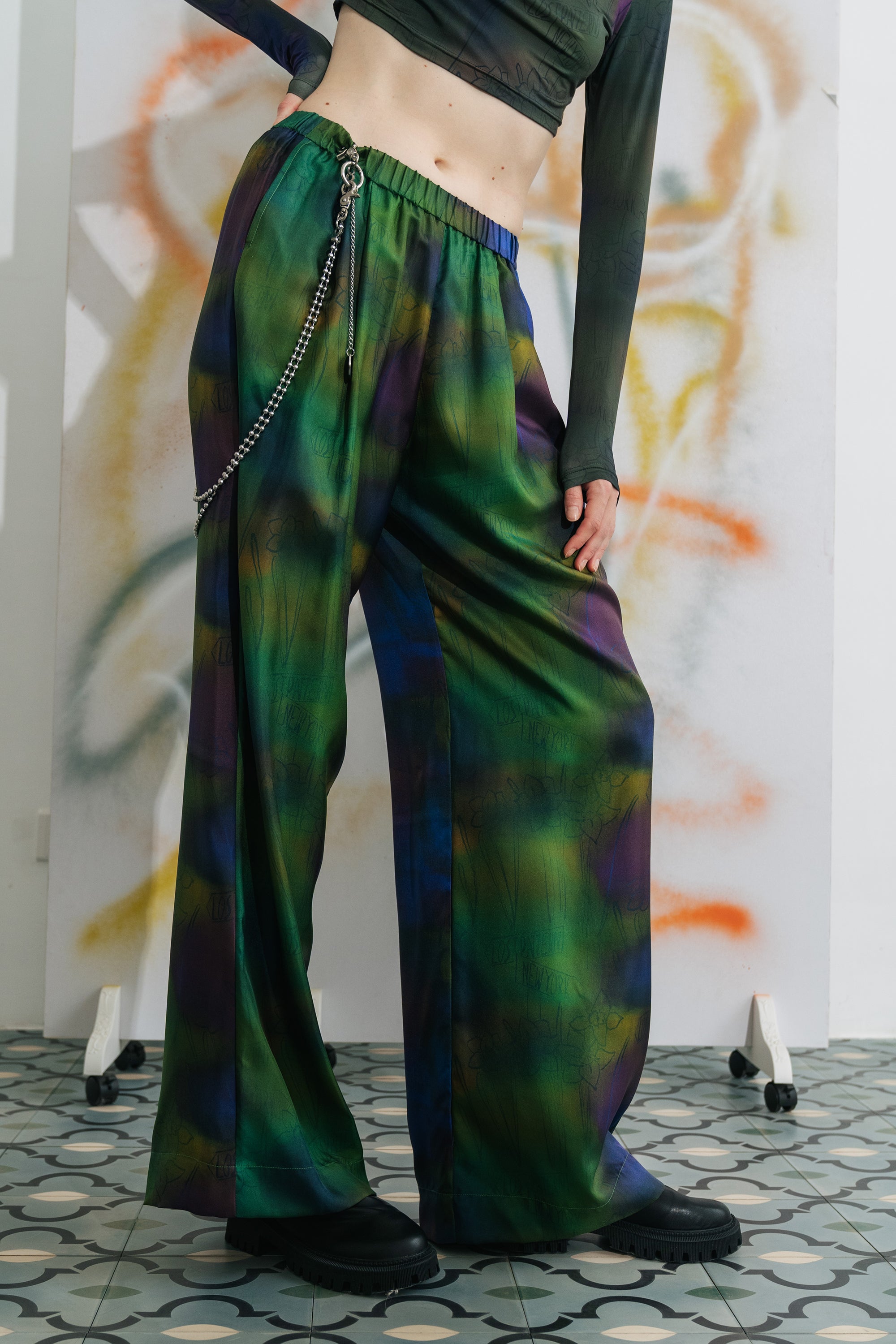 "Brooklyn" Silk Wide Leg Pants - Green - LOST PATTERN Pants