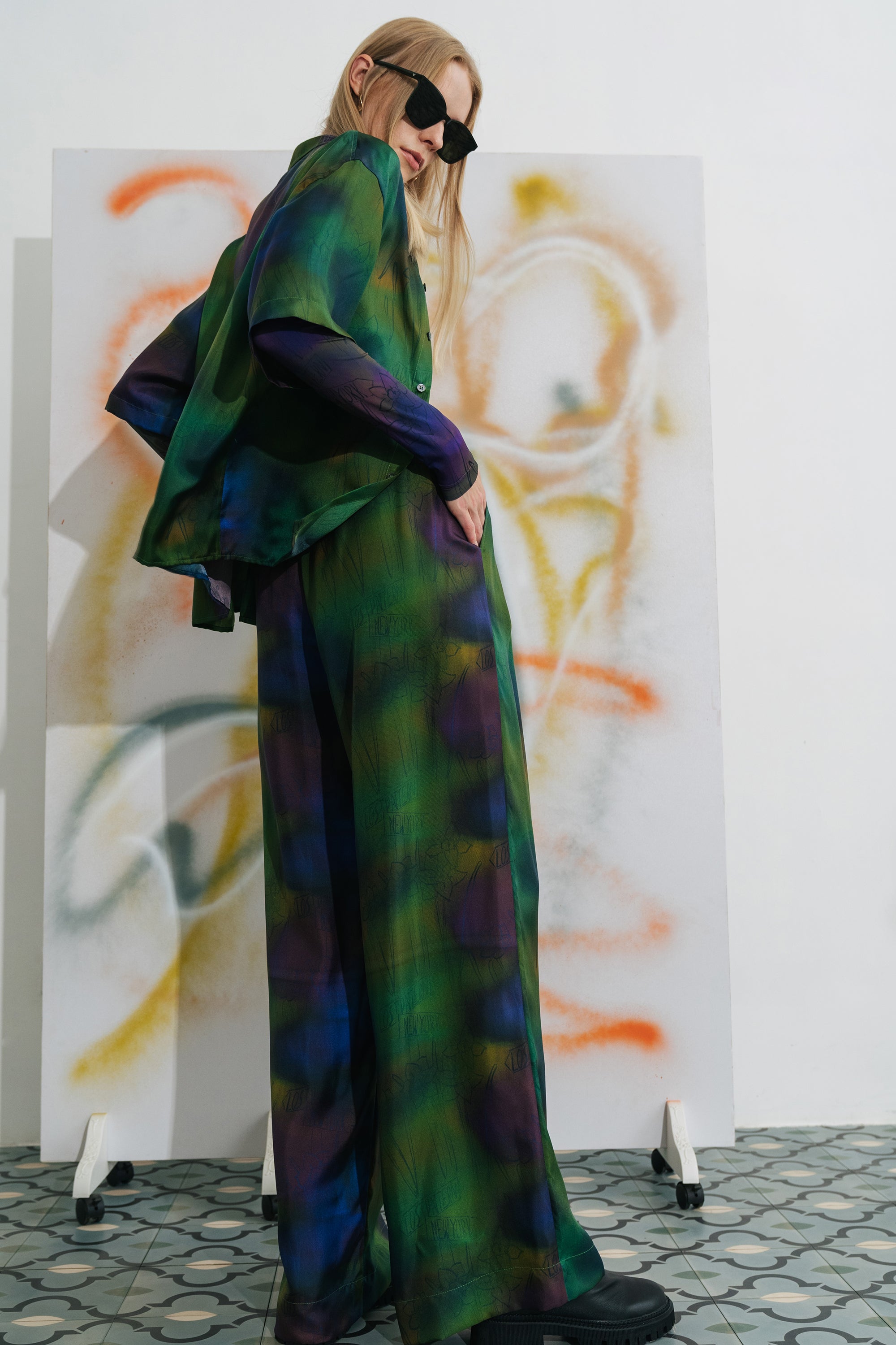 "Brooklyn" Silk Wide Leg Pants - Green - LOST PATTERN Pants