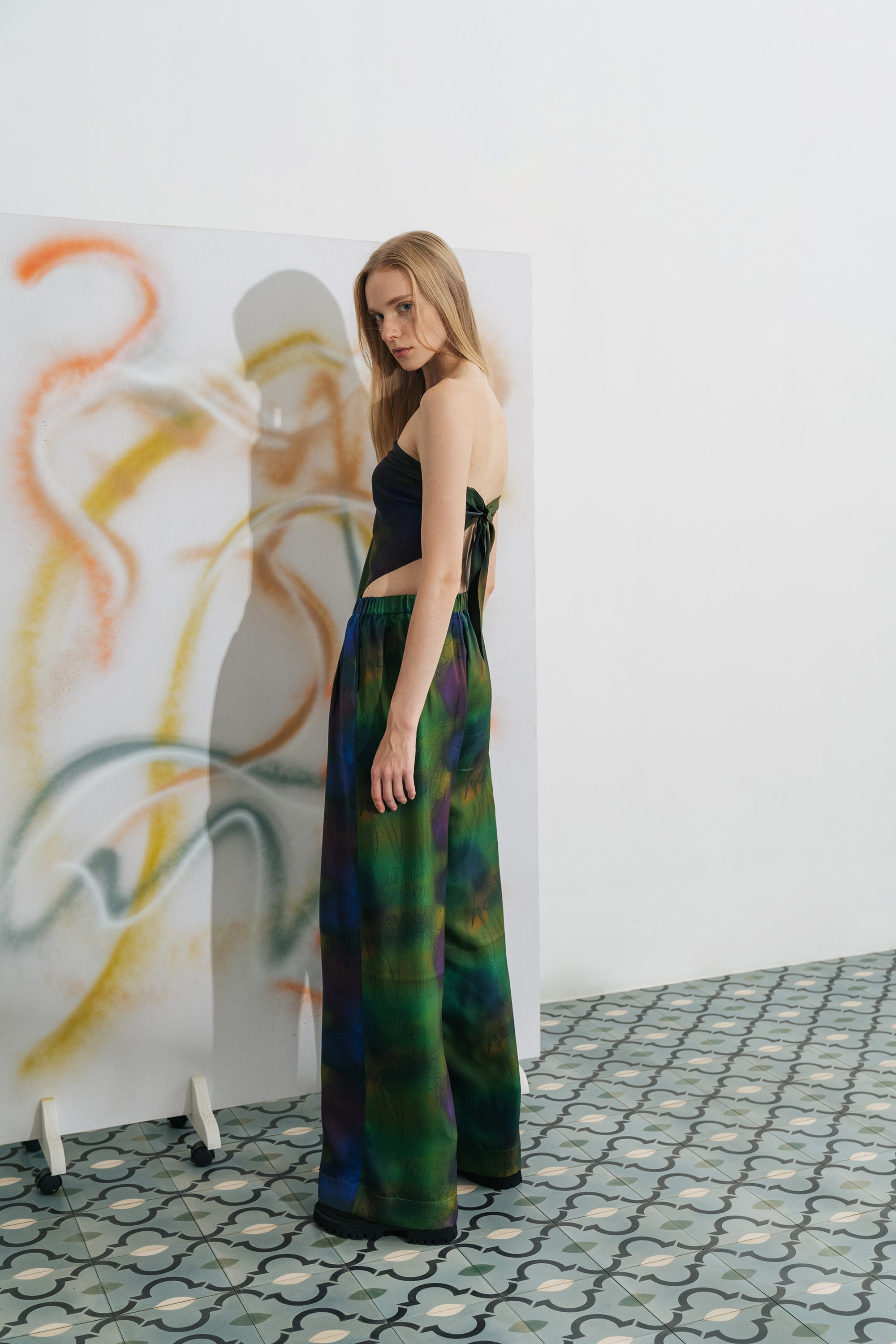 "Brooklyn" Silk Wide Leg Pants - Green - LOST PATTERN Pants