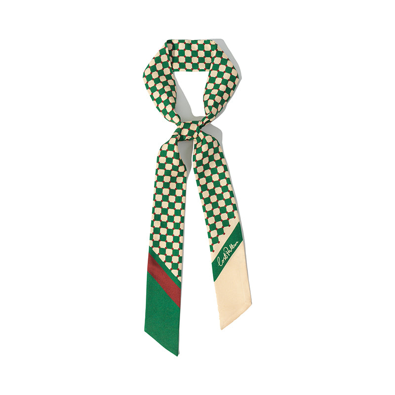 "Checkerboard" Twilly Scarf - Green - Green - LOST PATTERN Silk Skinny Scarf