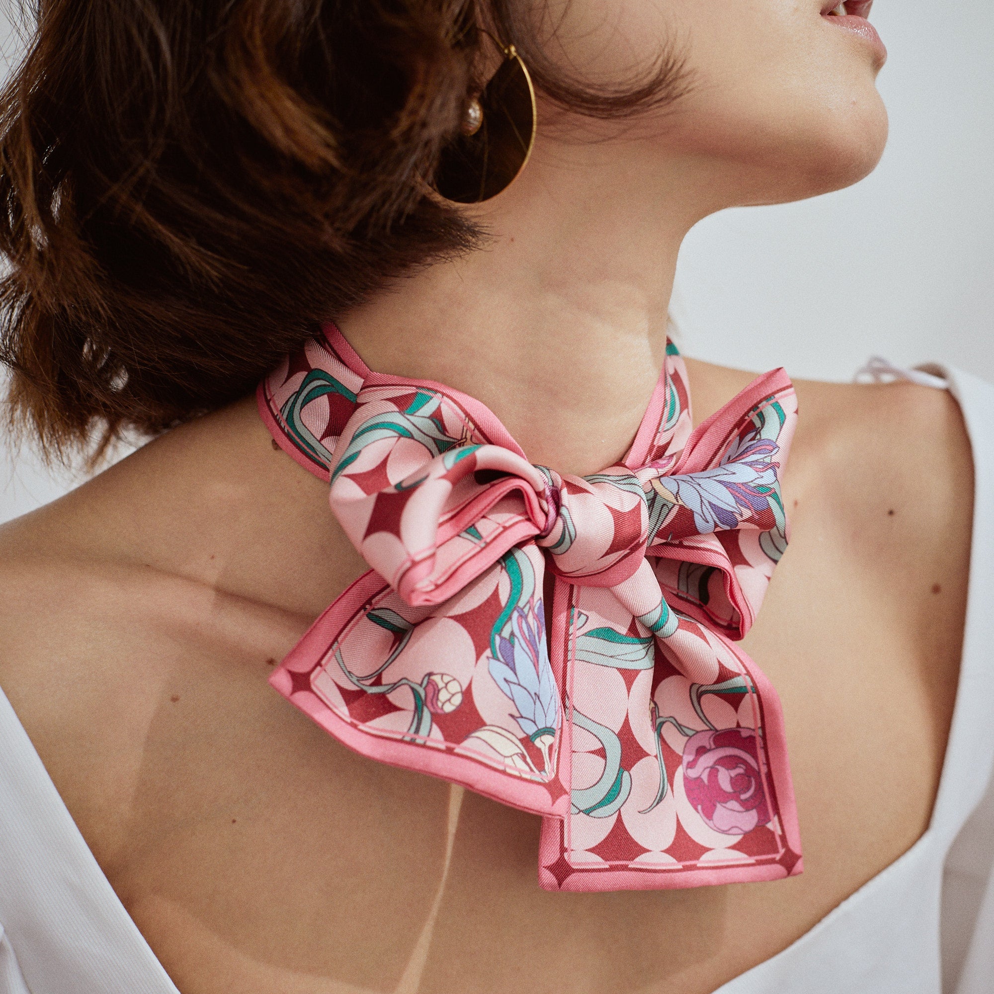 "Dream" Silk Twill Neck Bow - Sakura Pink - Sakura Pink - LOST PATTERN Silk Skinny Scarf