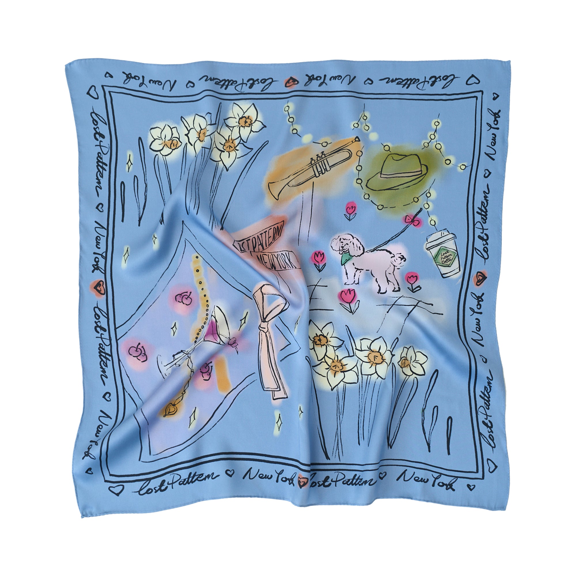 "New York in Sketches" Silk Scarf - Blue - Blue - LOST PATTERN Silk Square Scarf