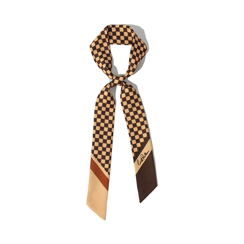 "Checkerboard" Twill Skinny Scarf - Coffee - Coffee - LOST PATTERN Silk Skinny Scarf