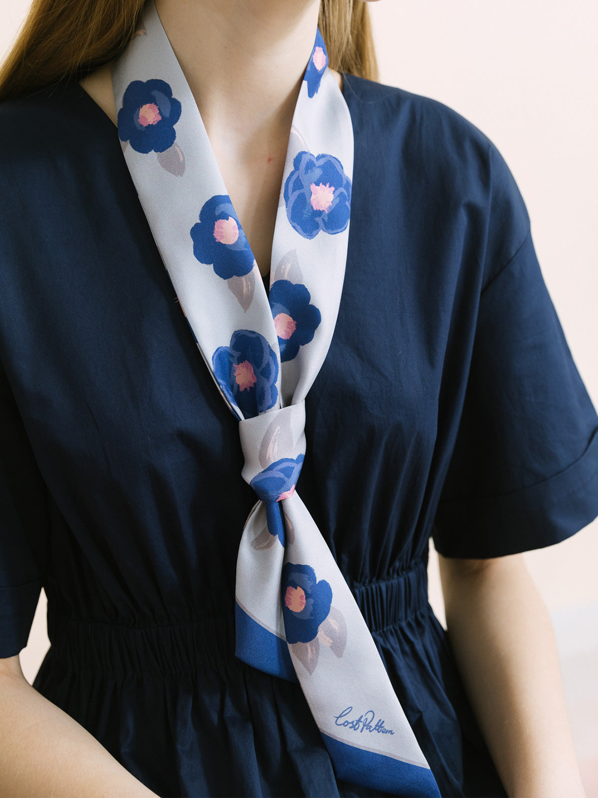 "Camellia" Silk Twill Skinny Scarf - Blue - Blue - LOST PATTERN Silk Skinny Scarf