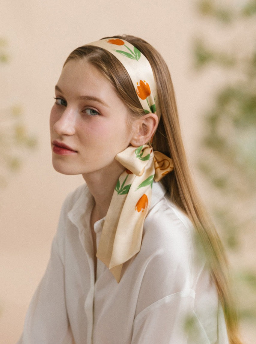 "Tulip" Silk Skinny Scarf - Apricot - LOST PATTERN Silk Skinny Scarf