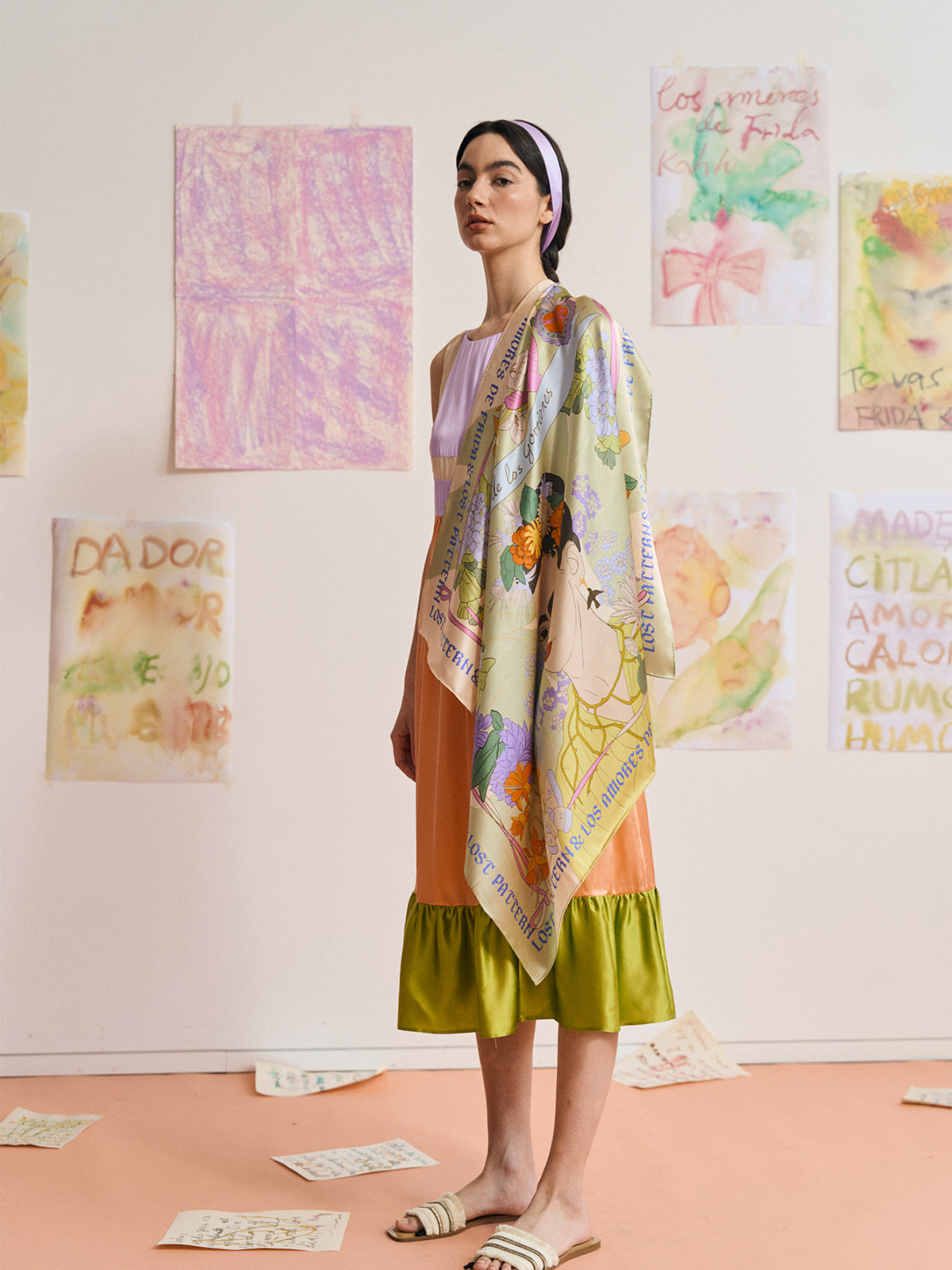 FRIDA x LOST PATTERN "Los Amores de Frida" Large Silk Scarf - Pastel - LOST PATTERN Silk Square Scarf