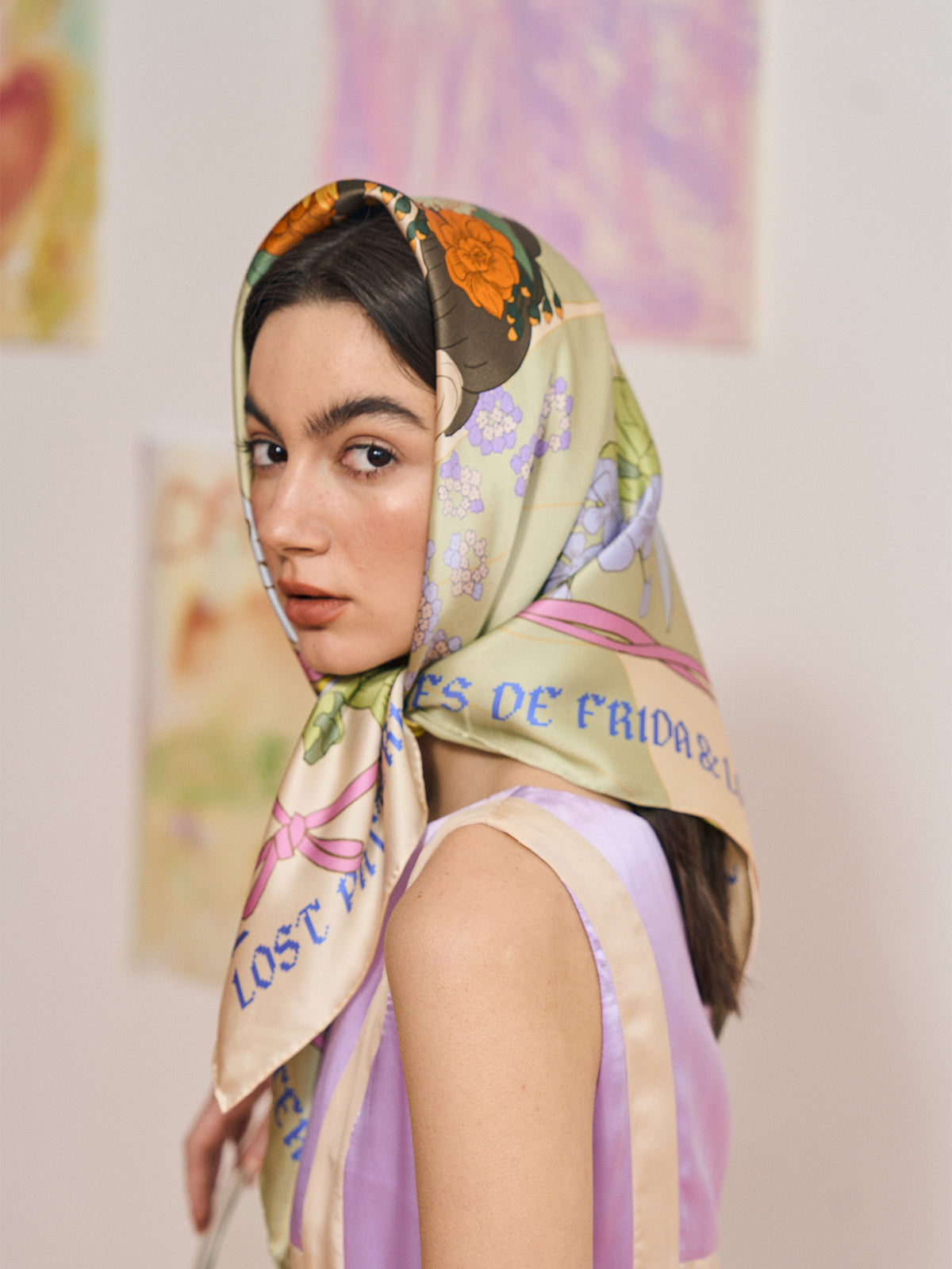 FRIDA x LOST PATTERN "Los Amores de Frida" Large Silk Scarf - Pastel - LOST PATTERN Silk Square Scarf