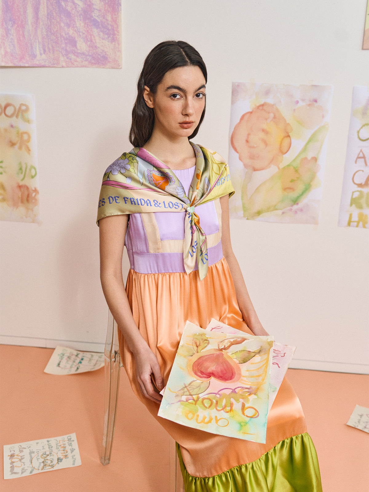 FRIDA x LOST PATTERN "Los Amores de Frida" Large Silk Scarf - Pastel - LOST PATTERN Silk Square Scarf