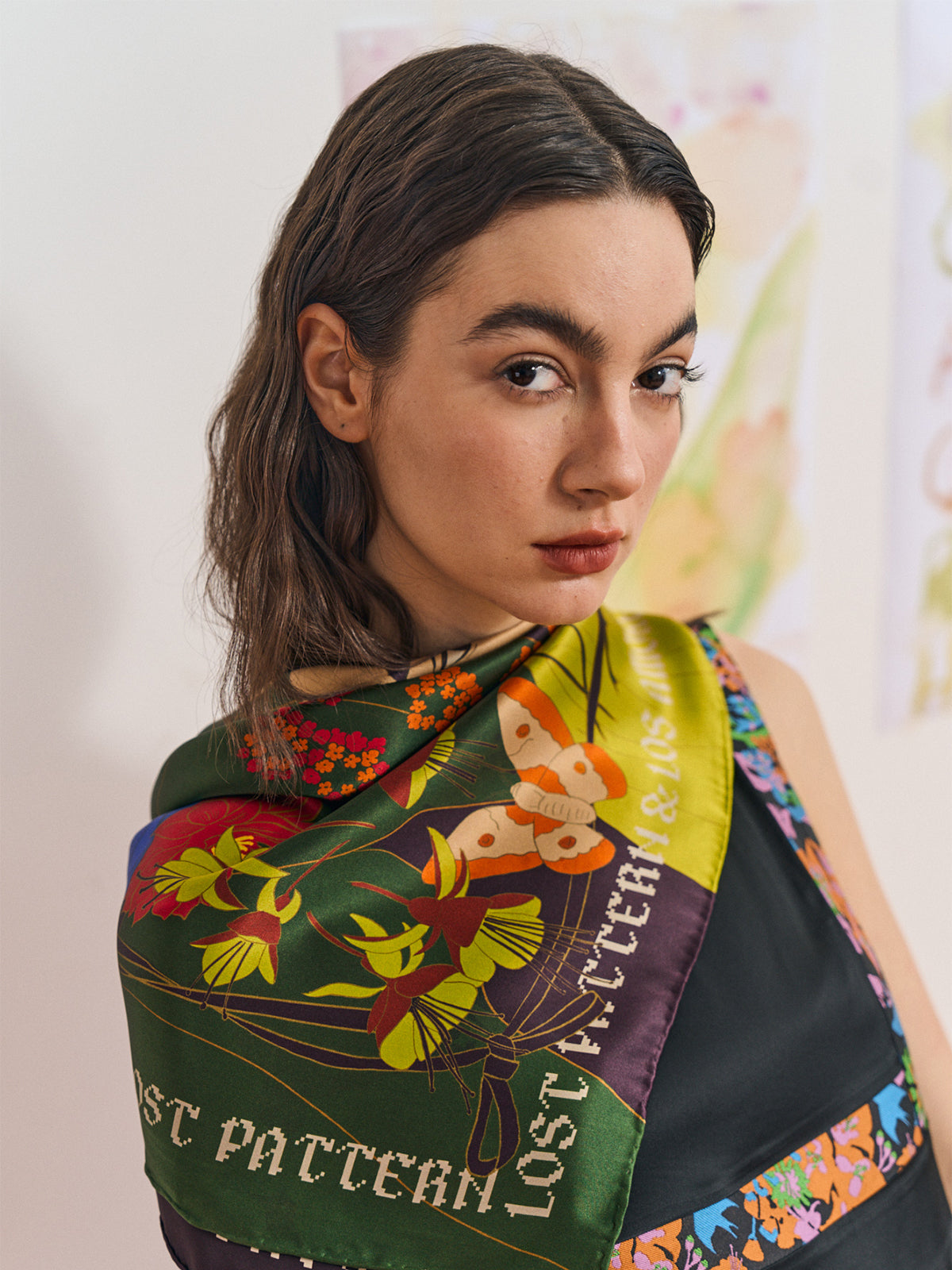 FRIDA x LOST PATTERN "Los Amores de Frida" Large Silk Scarf - Dark Green - LOST PATTERN Silk Square Scarf