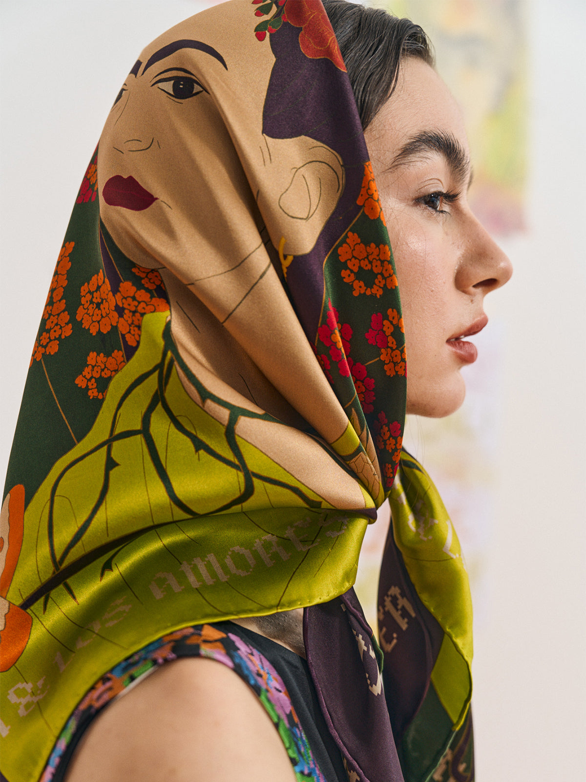 FRIDA x LOST PATTERN "Los Amores de Frida" Large Silk Scarf - Dark Green - LOST PATTERN Silk Square Scarf