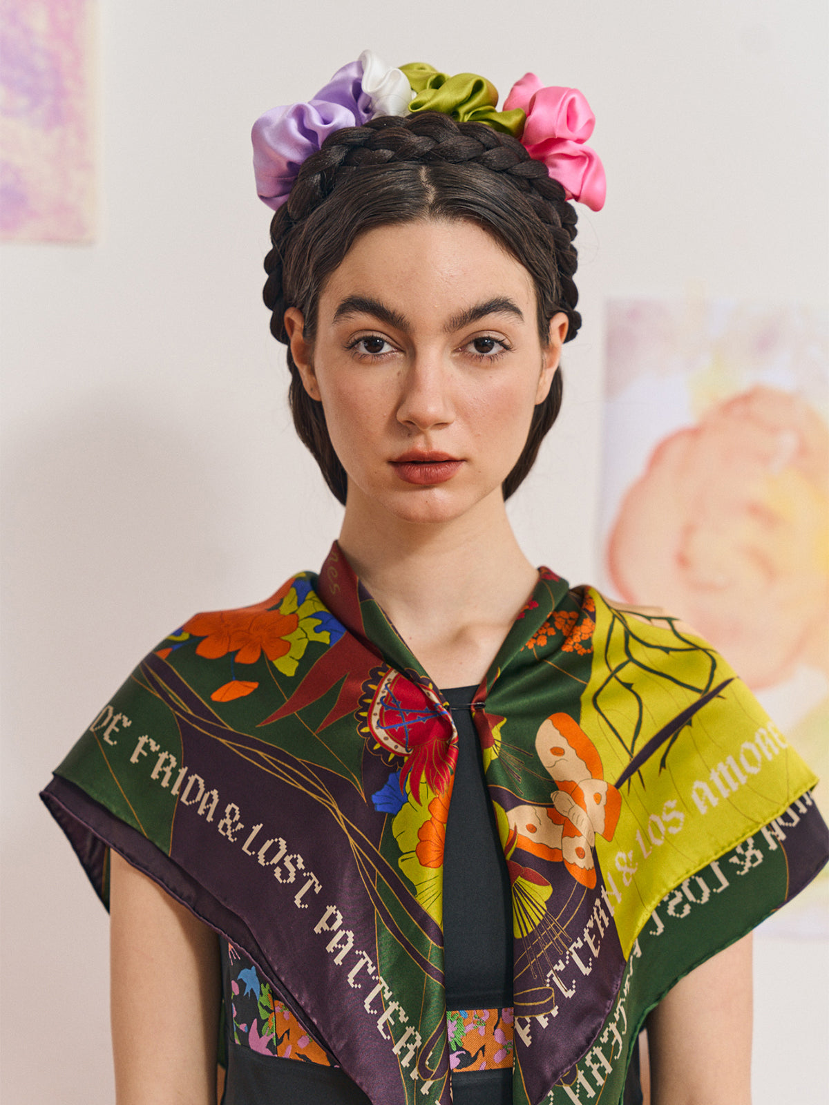 FRIDA x LOST PATTERN "Los Amores de Frida" Large Silk Scarf - Dark Green - LOST PATTERN Silk Square Scarf