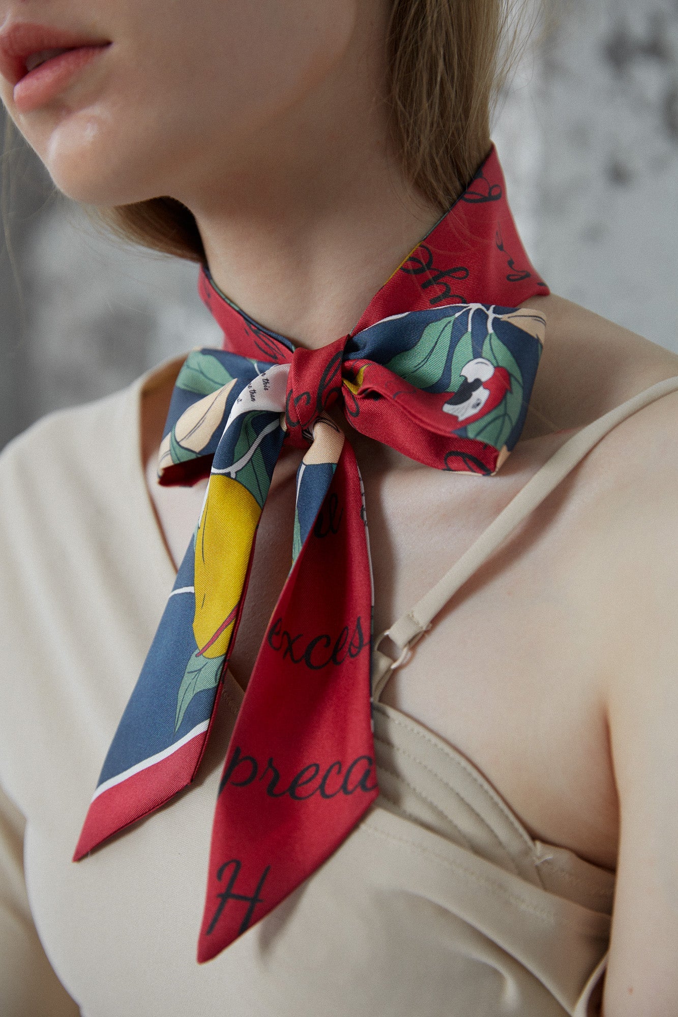 "El Amor" Silk Twilly Neck Bow - Tropical Red & Blue - LOST PATTERN Silk Skinny Scarf