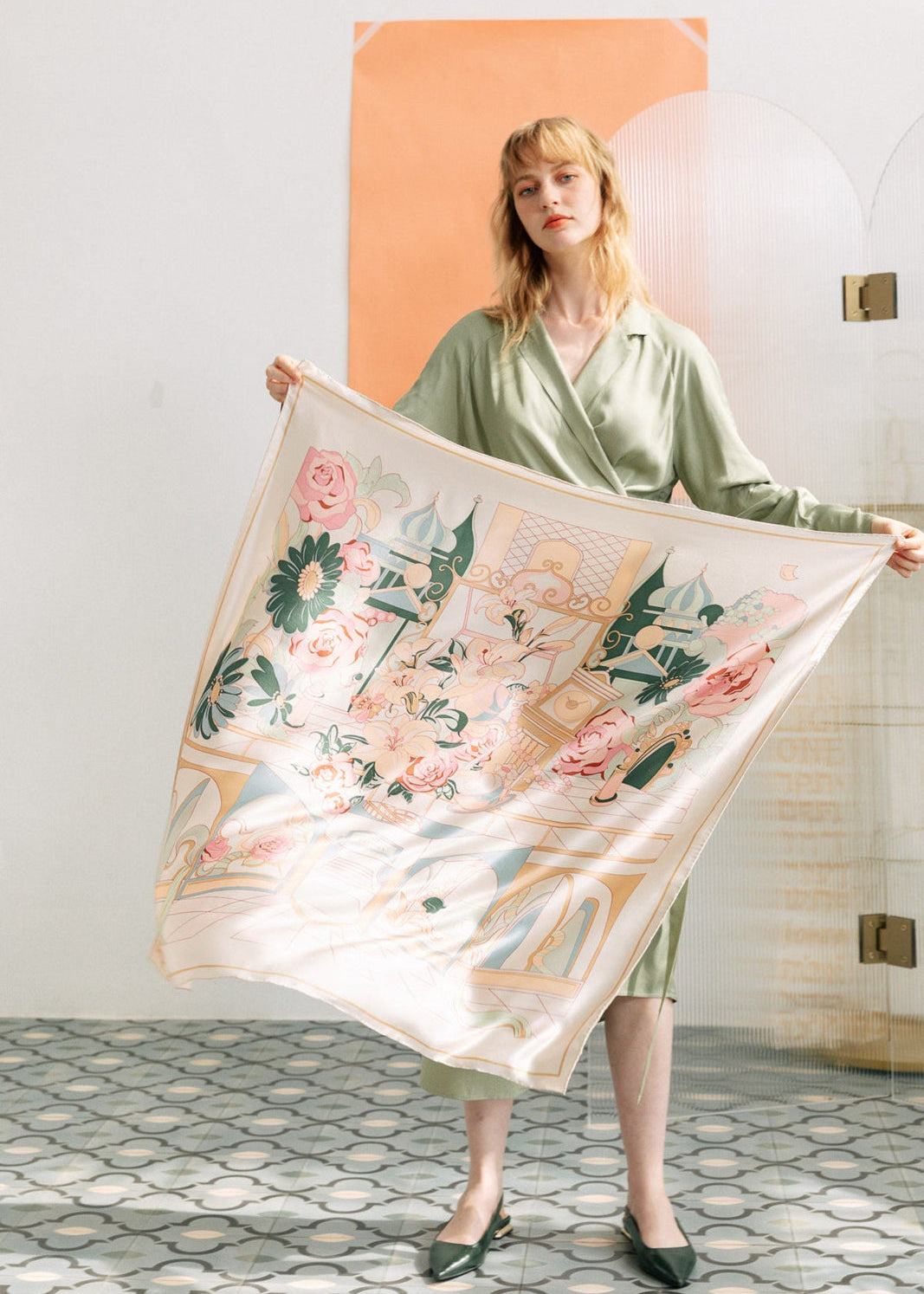 "Vintage Blooms" Large Silk Square Scarf - Champagne - LOST PATTERN Silk Square Scarf