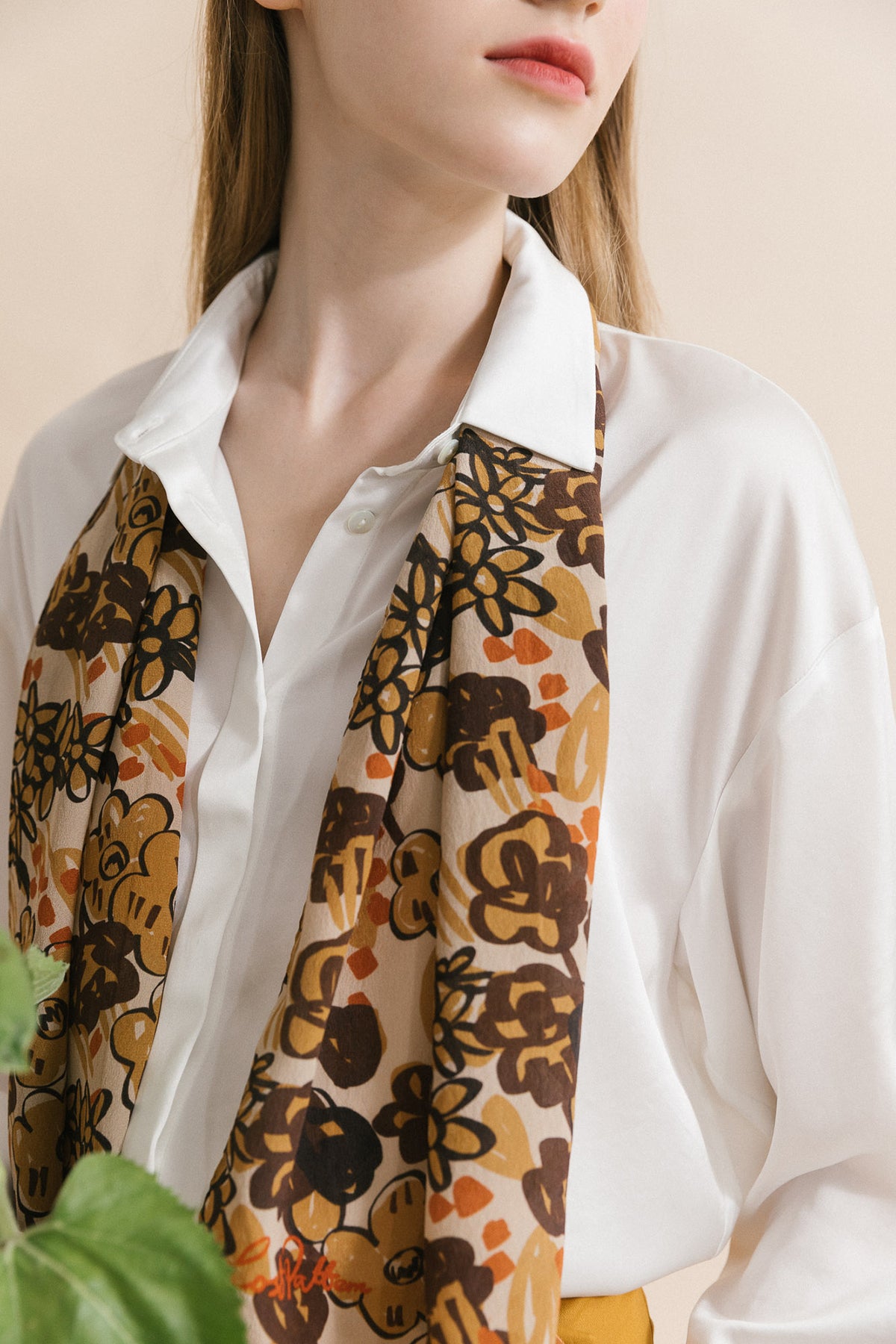 "Garden Chic" Silk Crepe Scarf - Brown - LOST PATTERN Silk Bandana