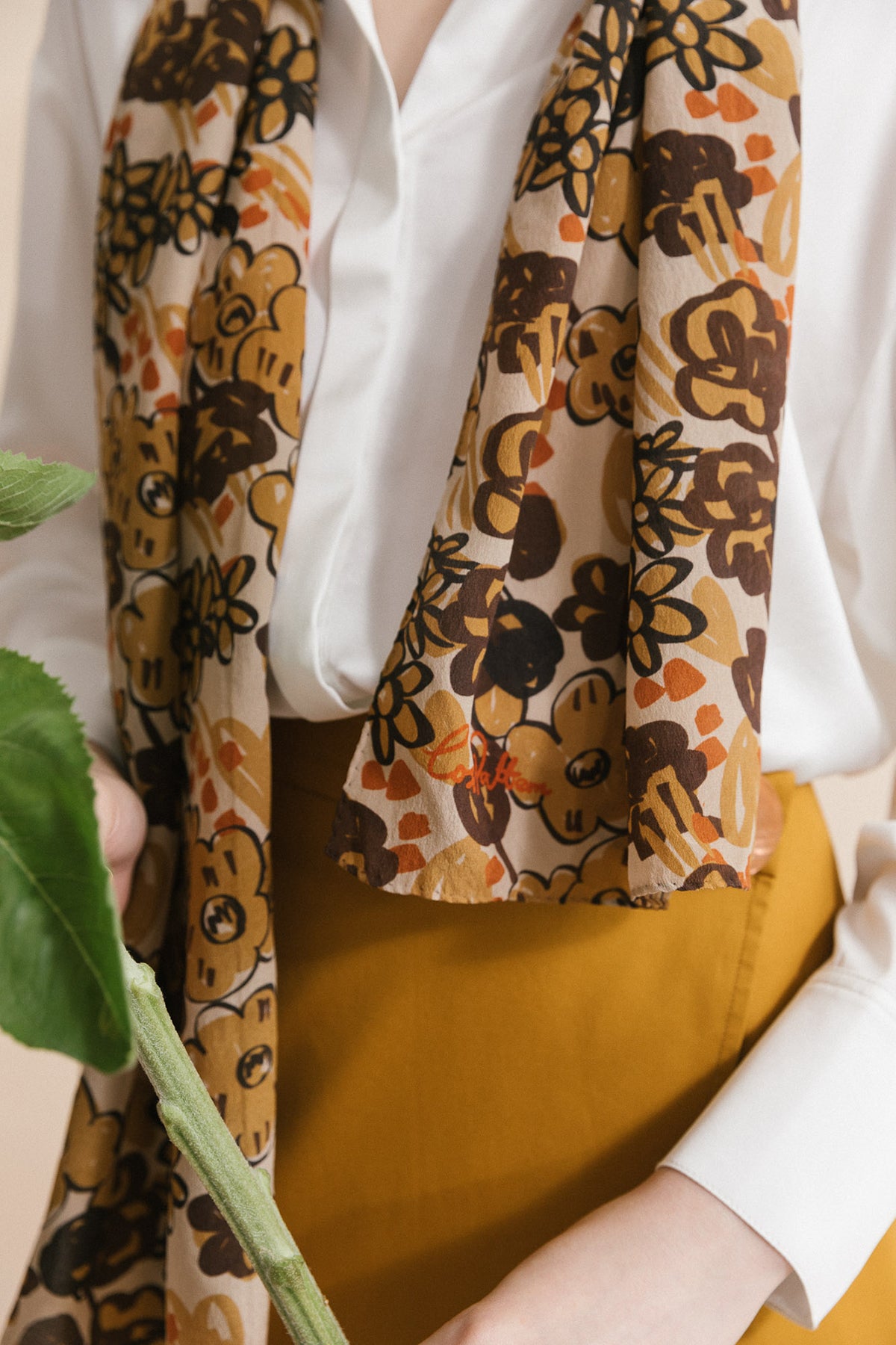 "Garden Chic" Silk Crepe Scarf - Brown - LOST PATTERN Silk Bandana