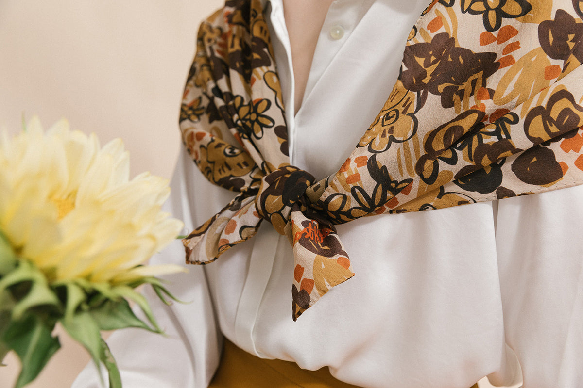 "Garden Chic" Silk Crepe Scarf - Brown - LOST PATTERN Silk Bandana