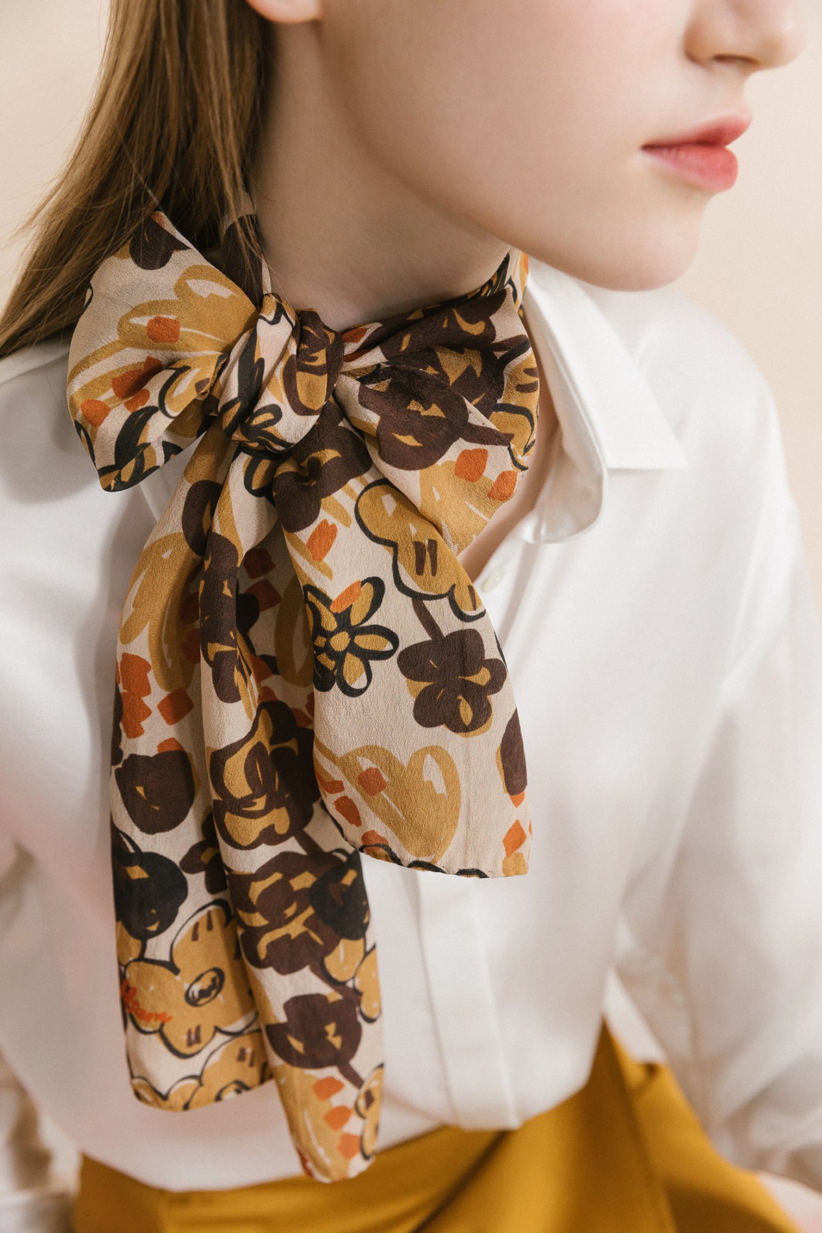 "Garden Chic" Silk Crepe Scarf - Brown - LOST PATTERN Silk Bandana