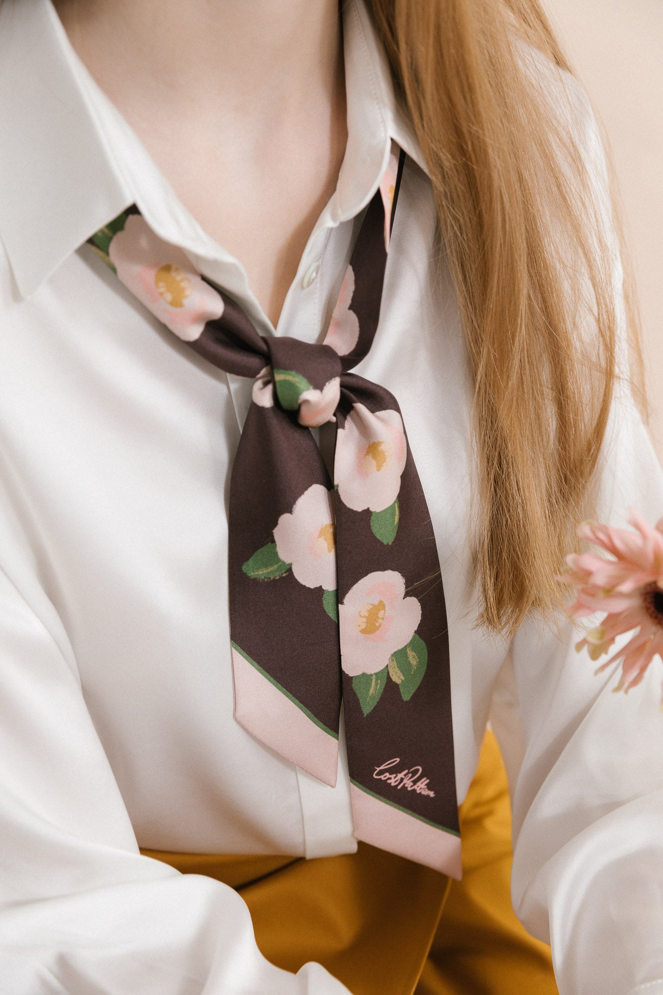 "Camellia" Silk Twilly Neck Bow - Dark Brown - LOST PATTERN Silk Skinny Scarf