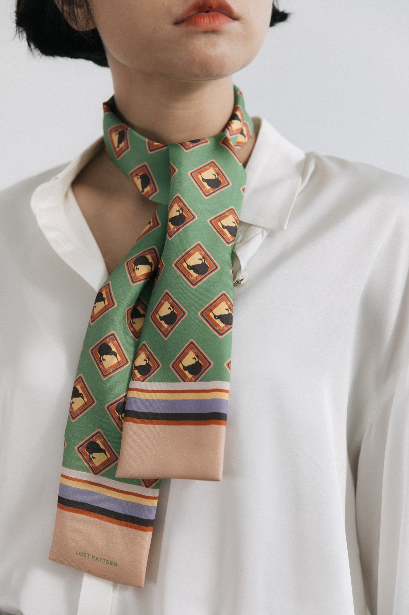 "Kiwi" Silk Twilly Neck Bow - Green - LOST PATTERN Silk Skinny Scarf