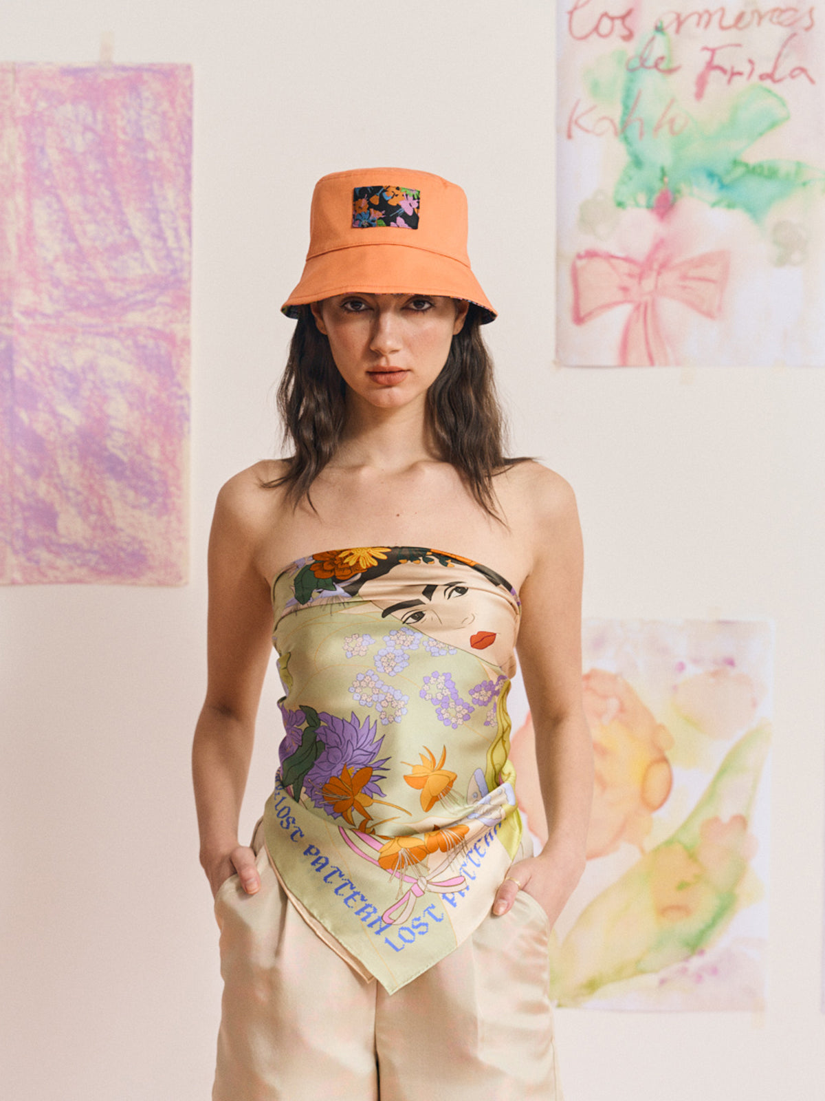 FRIDA X LOST PATTERN "Frida's Garden" Jacquard Reversible Bucket Hat - Salmon - LOST PATTERN Hats