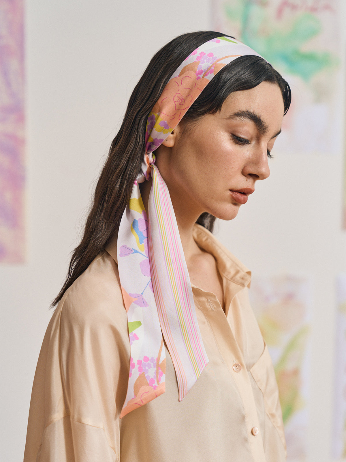 FRIDA x LOST PATTERN "Frida's Garden" Silk Skinny Scarf - Pink - LOST PATTERN Silk Skinny Scarf