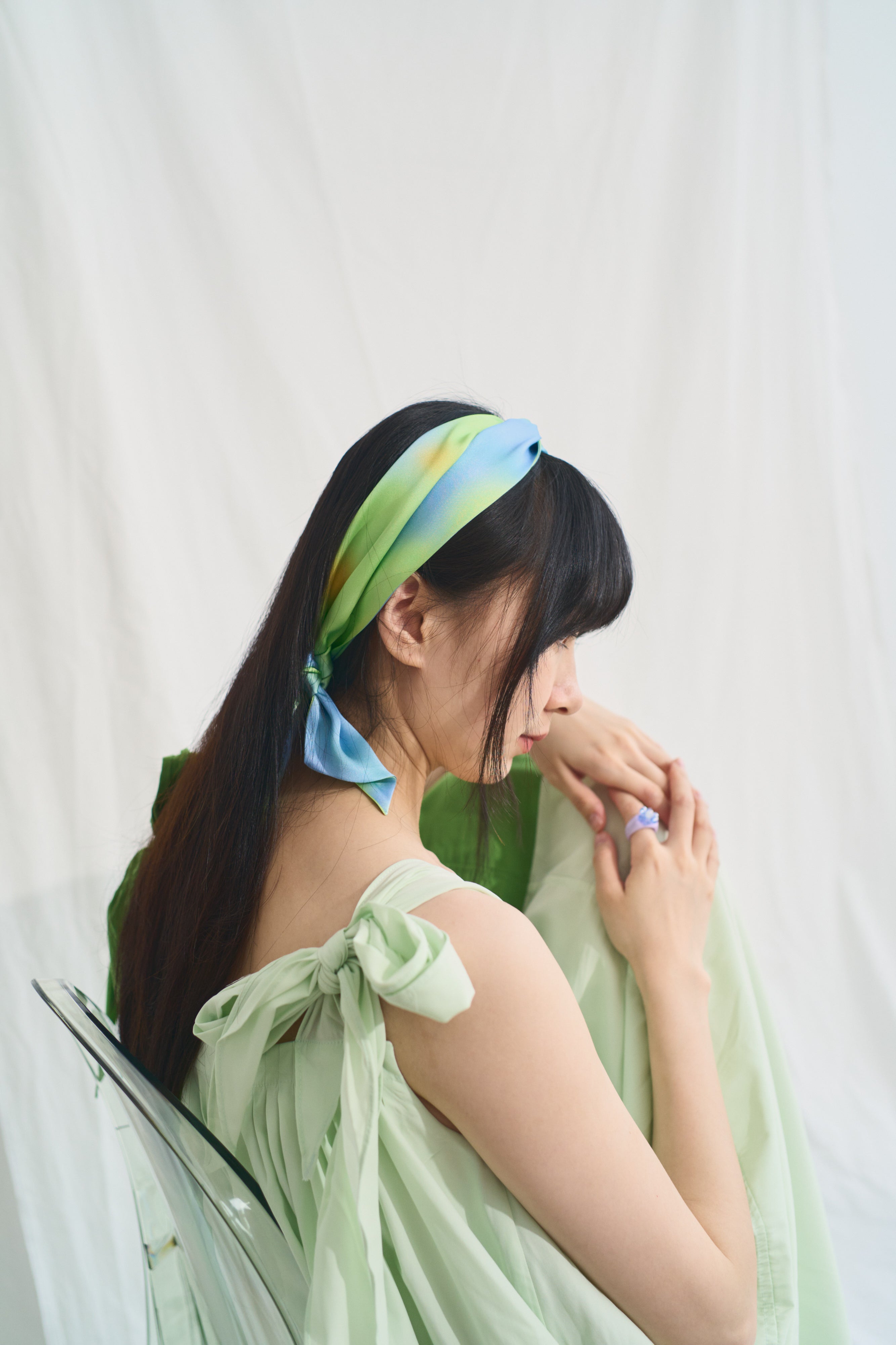 "Day Dream" Silk Neck Scarf - Green - LOST PATTERN Silk Skinny Scarf