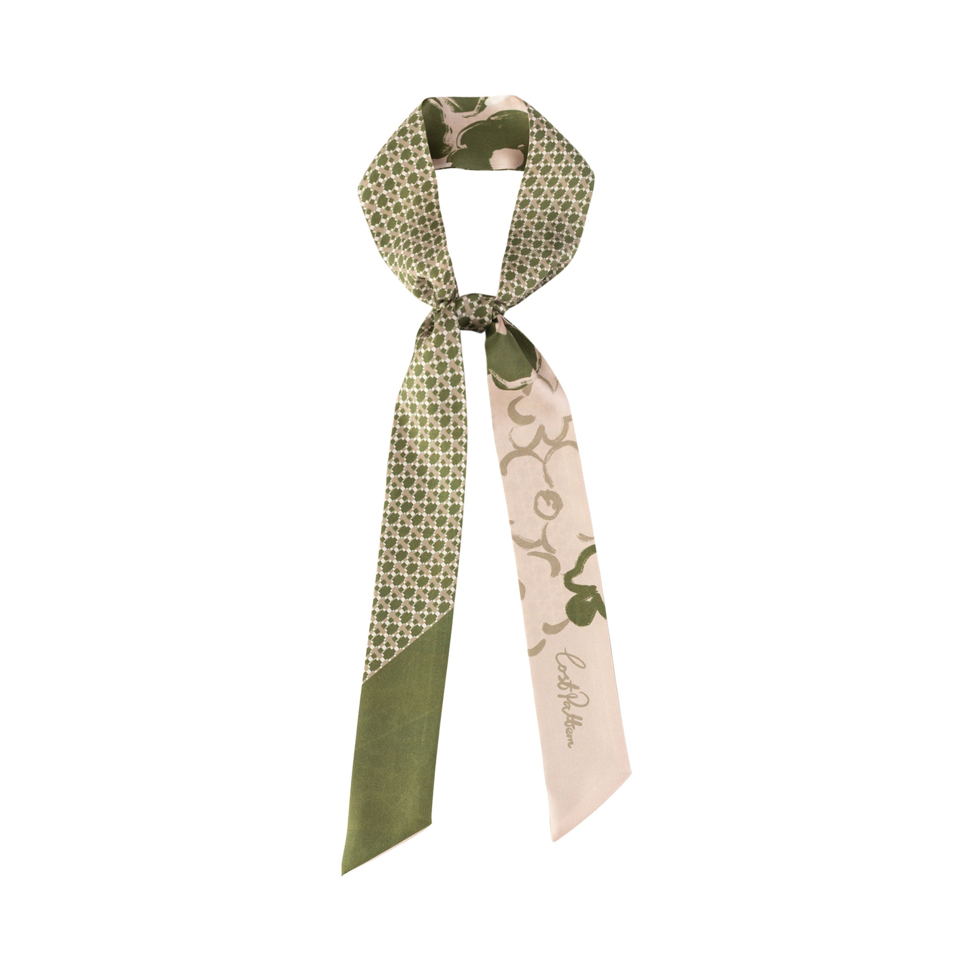 "Floral Houndstooth" Silk Skinny Scarf - Green - Green - LOST PATTERN Silk Skinny Scarf