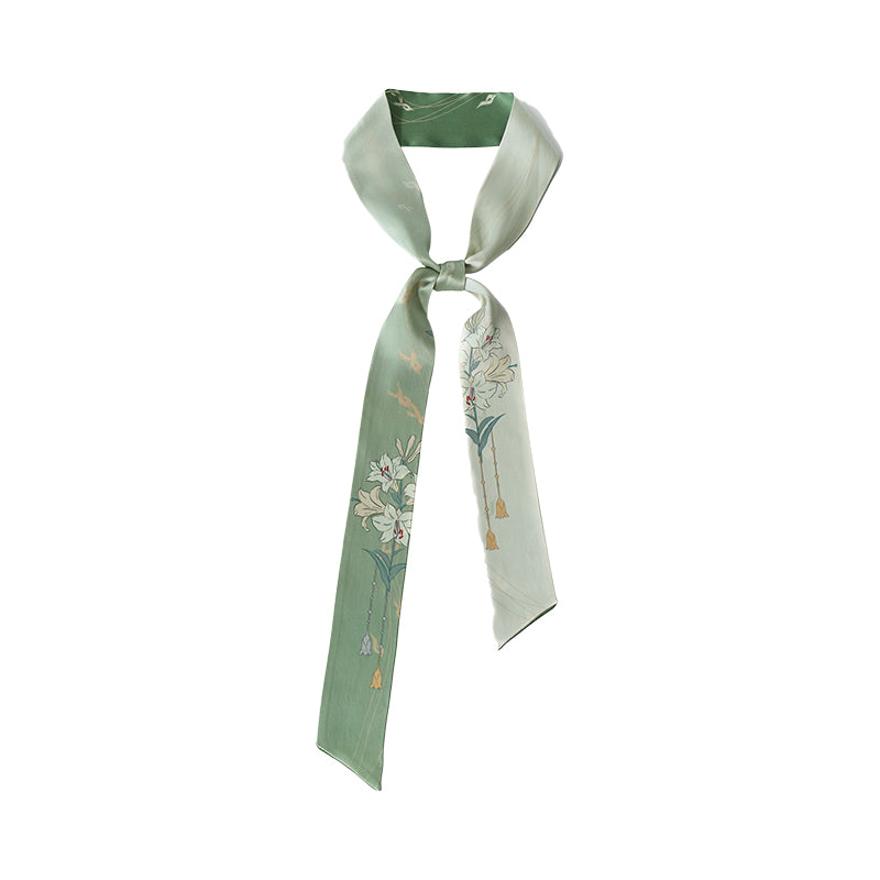 "Lily" Silk Twilly Scarf - Green - LOST PATTERN Silk Skinny Scarf