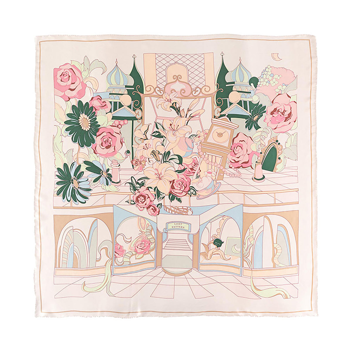 "Vintage Blooms" Large Silk Square Scarf - Champagne - Champagne - LOST PATTERN Silk Square Scarf