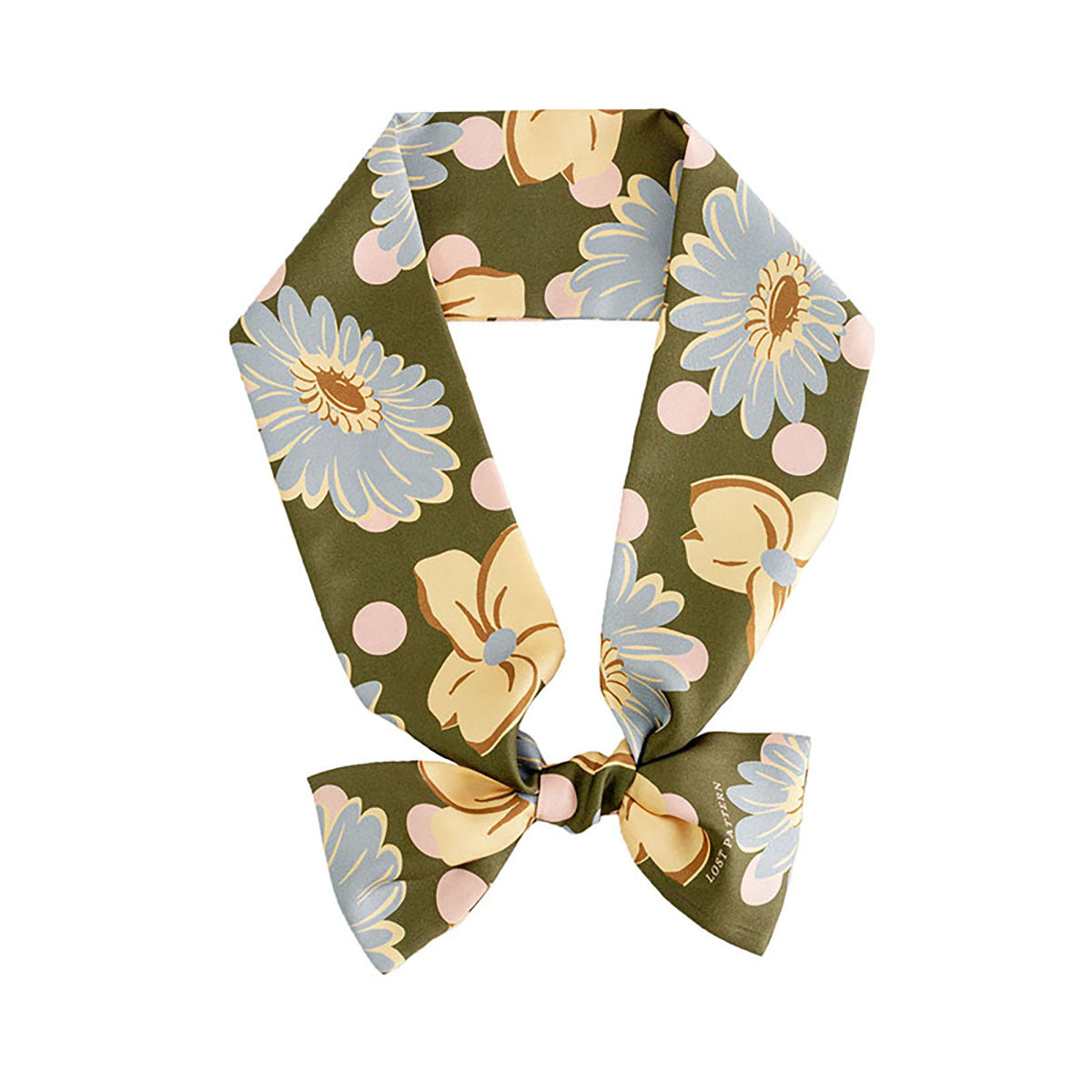 "Miss Daisy" Floral Silk Neck Scarf - Olive Green - Olive Green - LOST PATTERN Silk Skinny Scarf