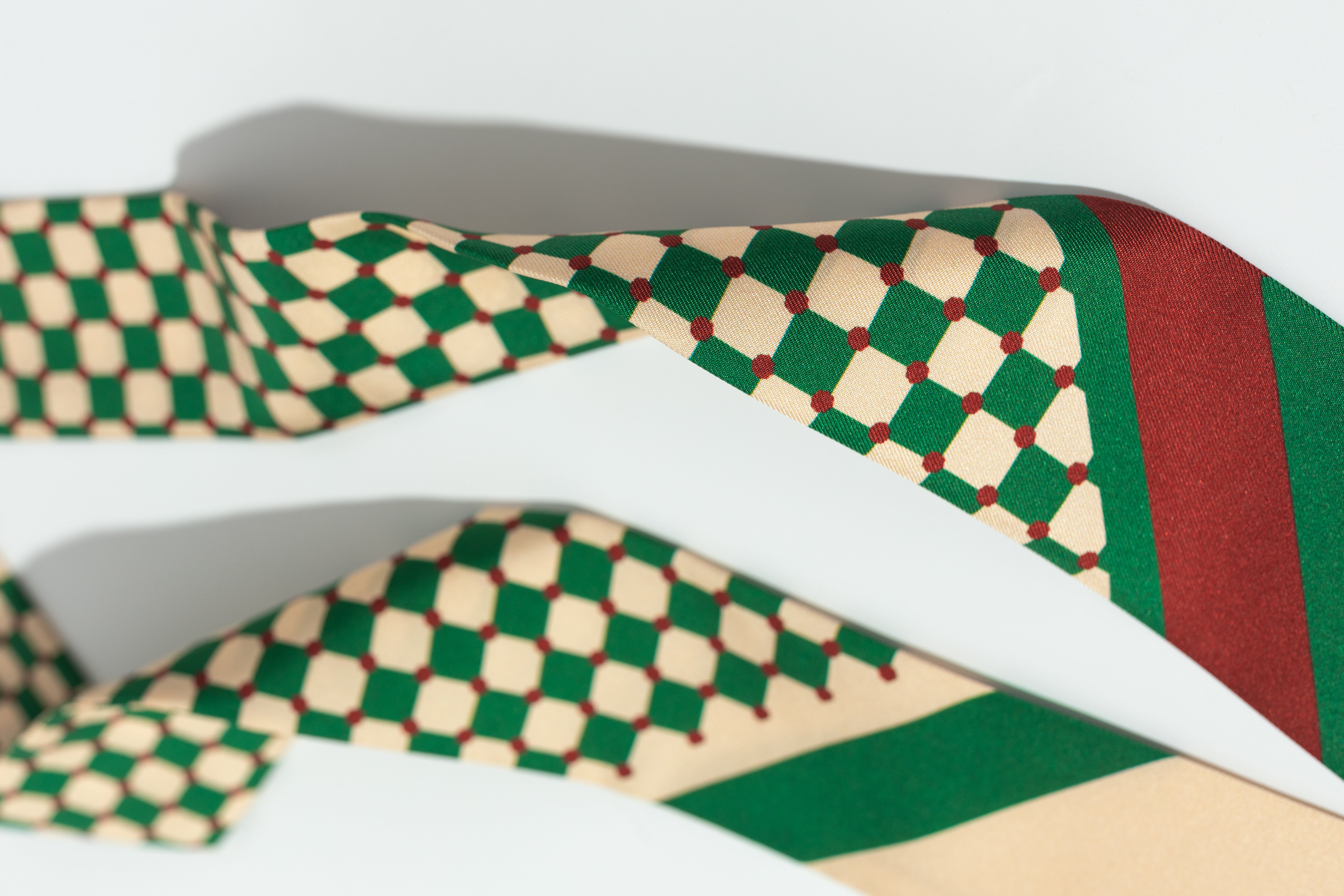 "Checkerboard" Twilly Scarf - Green - LOST PATTERN Silk Skinny Scarf
