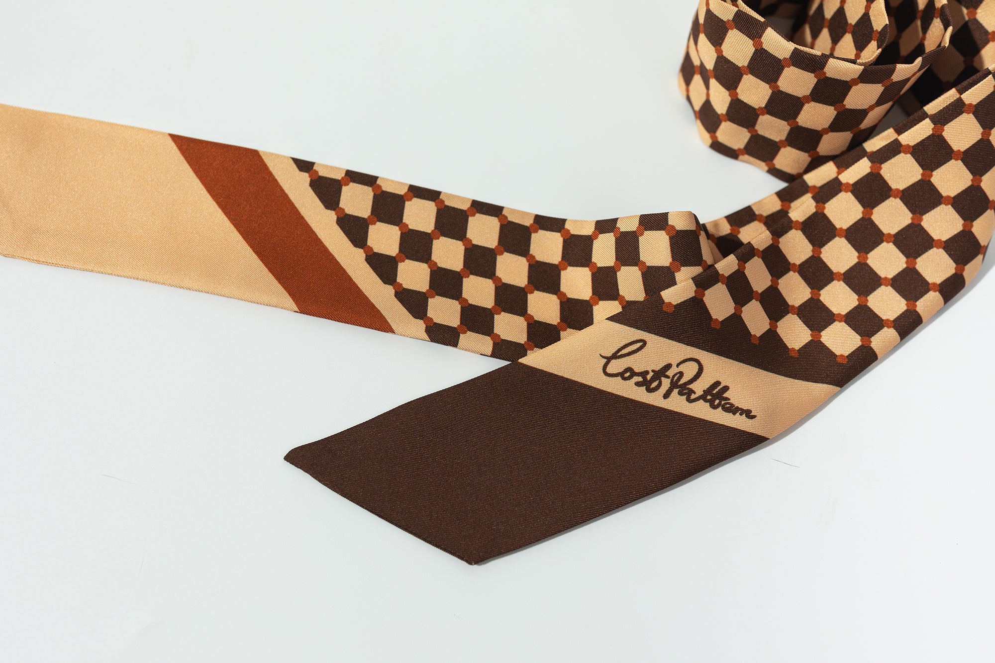 "Checkerboard" Twilly Scarf - Coffee - LOST PATTERN Silk Skinny Scarf