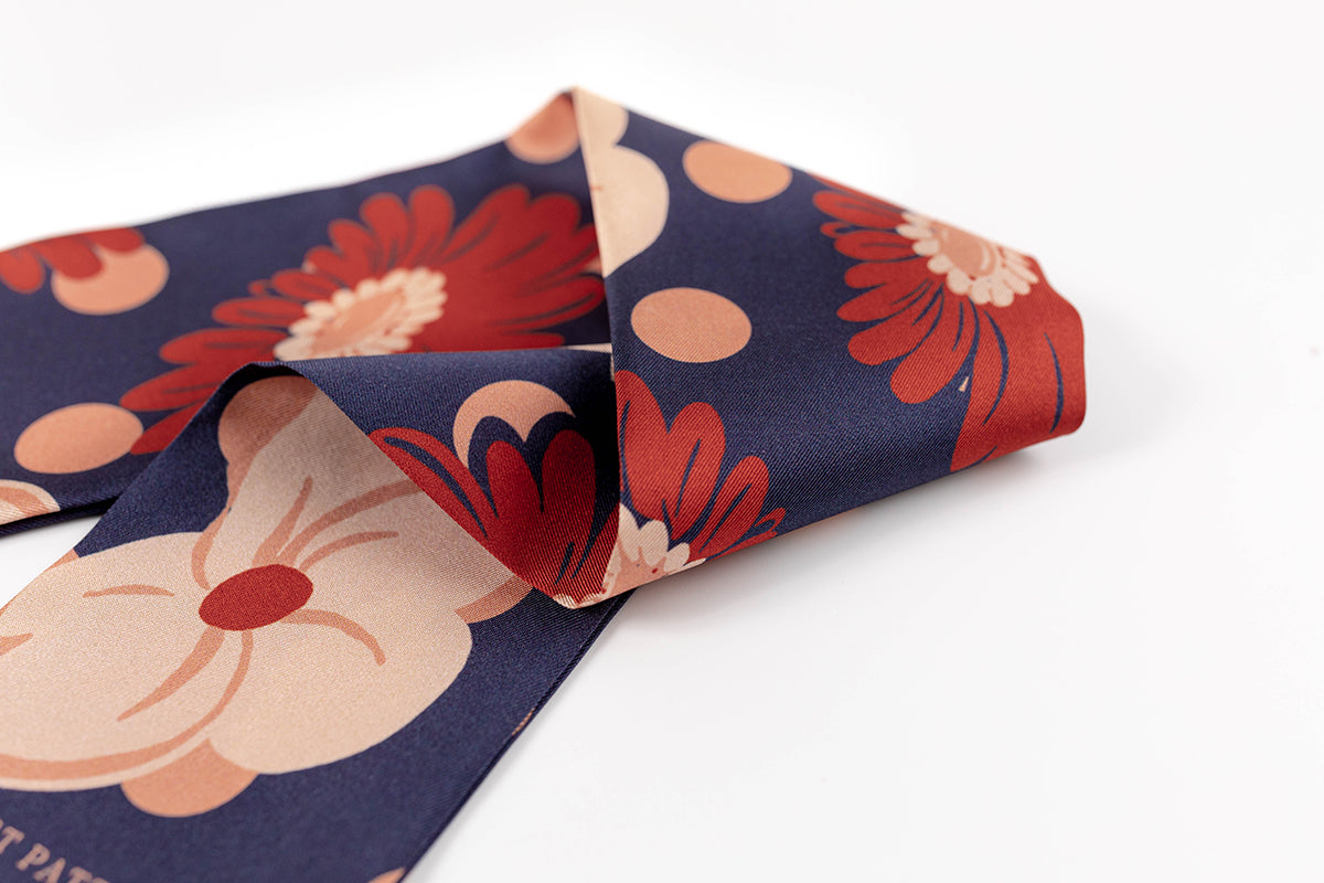 "Miss Daisy" Floral Silk Neck Scarf - Red & Blue - LOST PATTERN Silk Skinny Scarf