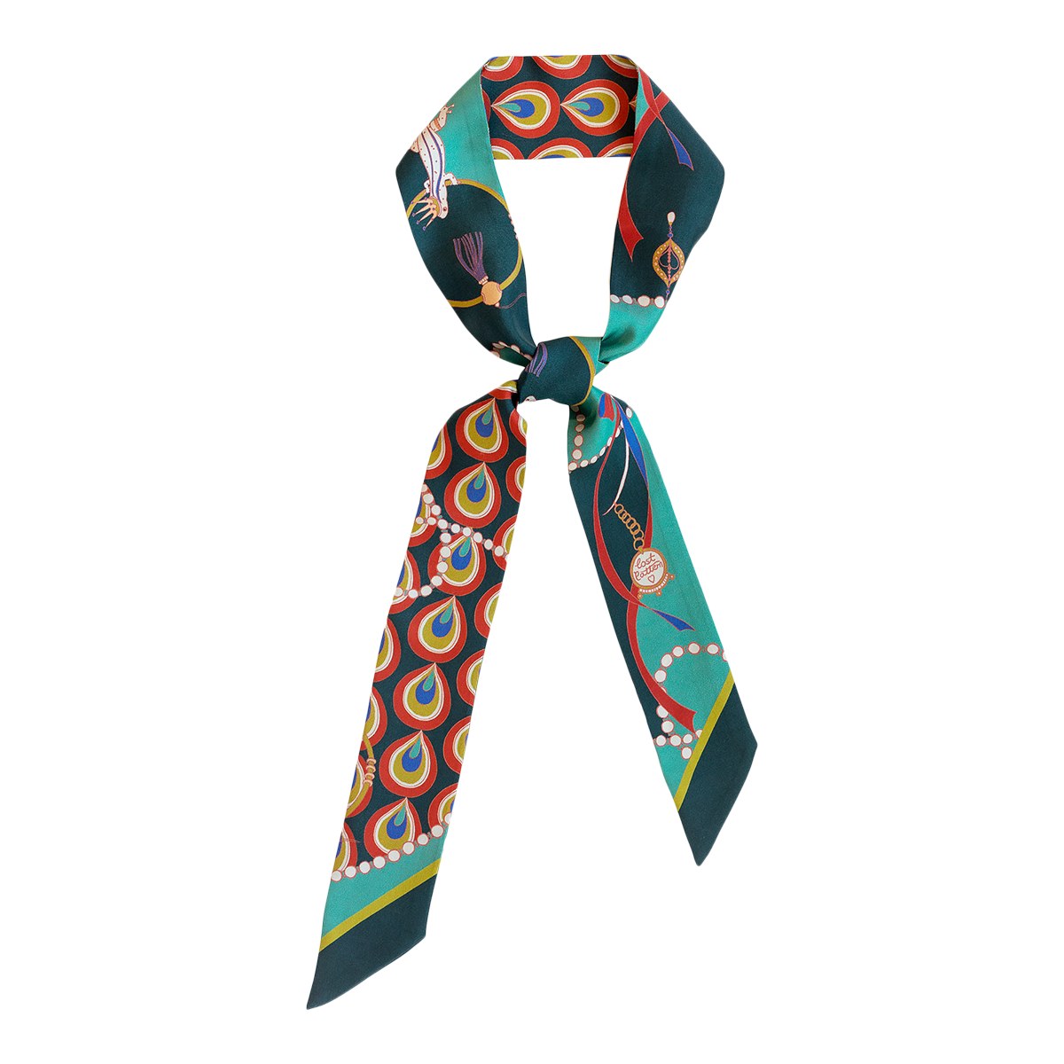 "Peacock" Silk Twilly Neck Bow - Teal Green - LOST PATTERN Silk Skinny Scarf