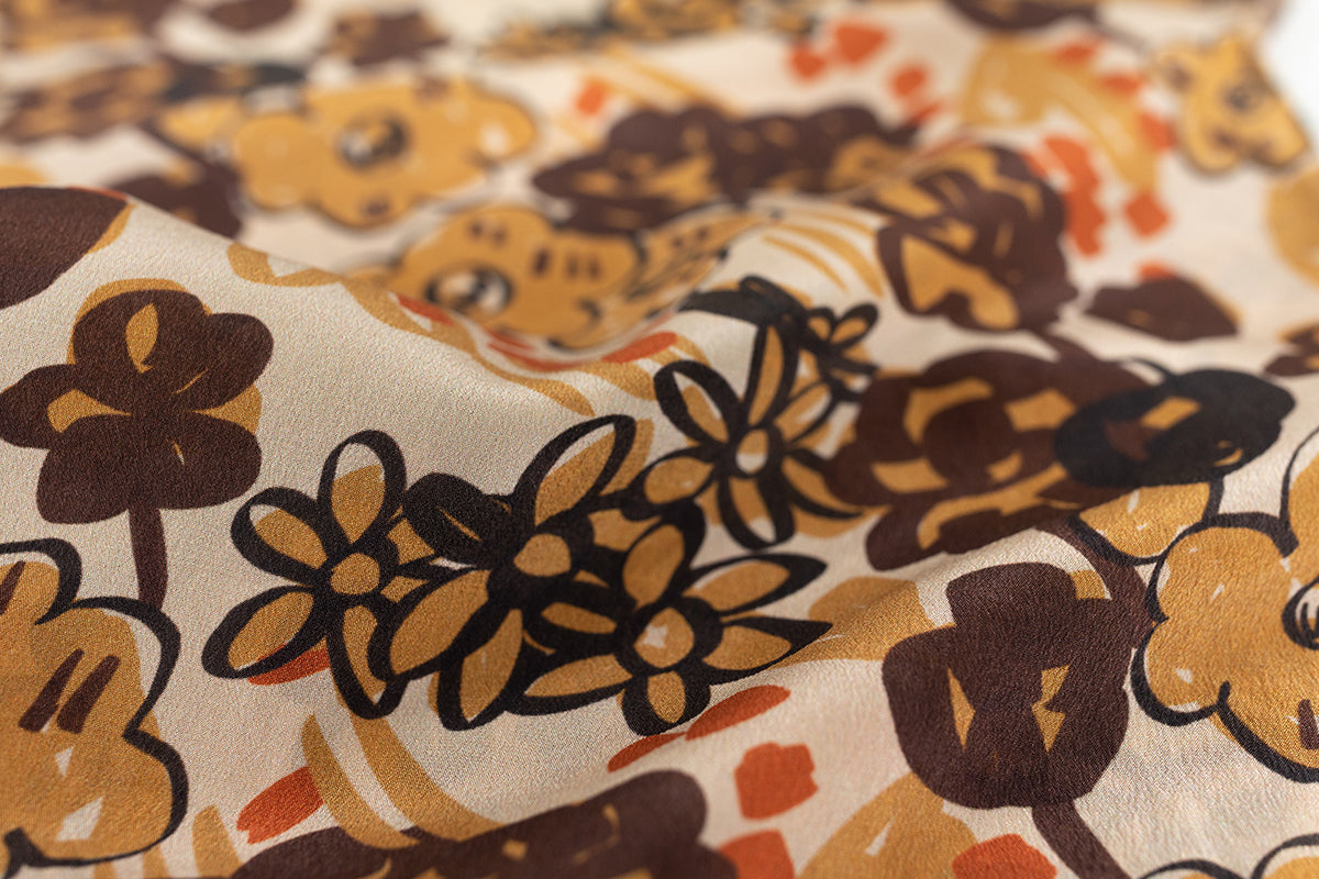 "Garden Chic" Silk Crepe Scarf - Brown - LOST PATTERN Silk Bandana