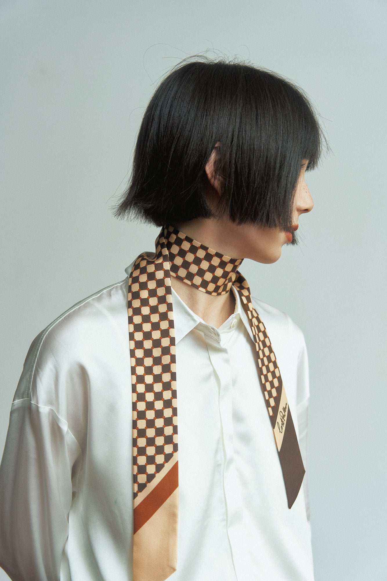 "Checkerboard" Twilly Scarf - Coffee - LOST PATTERN Silk Skinny Scarf