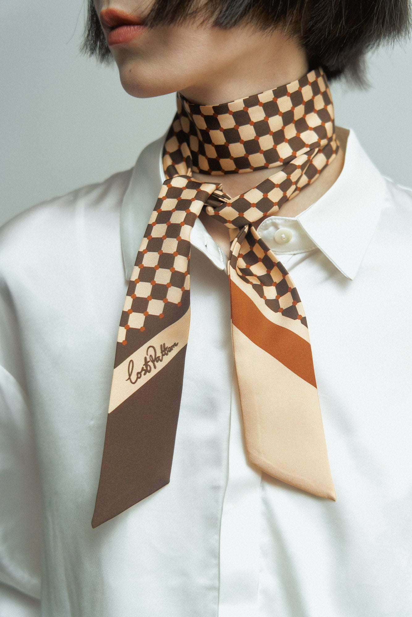 "Checkerboard" Twilly Scarf - Coffee - LOST PATTERN Silk Skinny Scarf