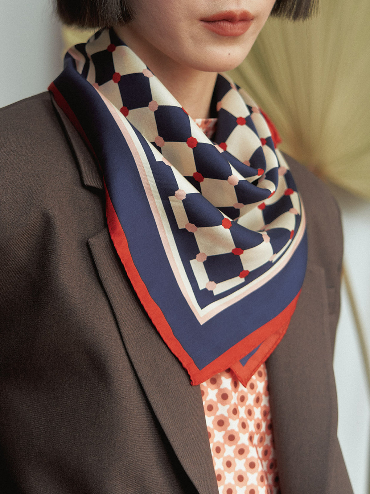 "Checkerboard" Silk Bandana Scarf - Blue - Blue and White - LOST PATTERN Silk Square Scarf