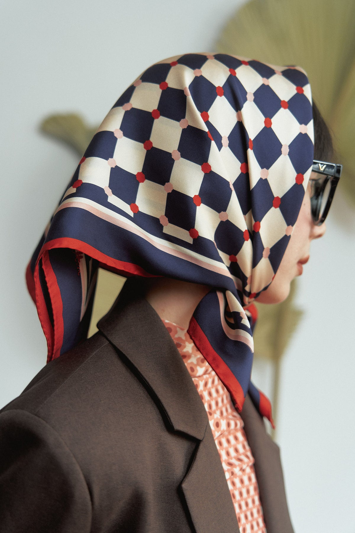 "Checkerboard" Silk Bandana Scarf - Blue - Blue and White - LOST PATTERN Silk Square Scarf